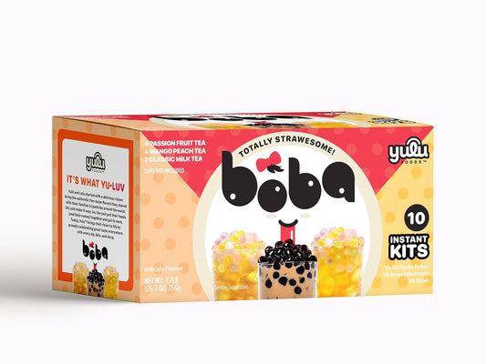 Boba Bundle Kit 10 Serv. Instant Bubble Pearl Variety Milk Tea Kit with Authentic Brown Sugar Tapioca Pearls by Yulu Foods - Ready in Under 1 Minute, Includes Paper Straws - Gift Box, Holiday (Classic, Mango Peach, Passionfruit)