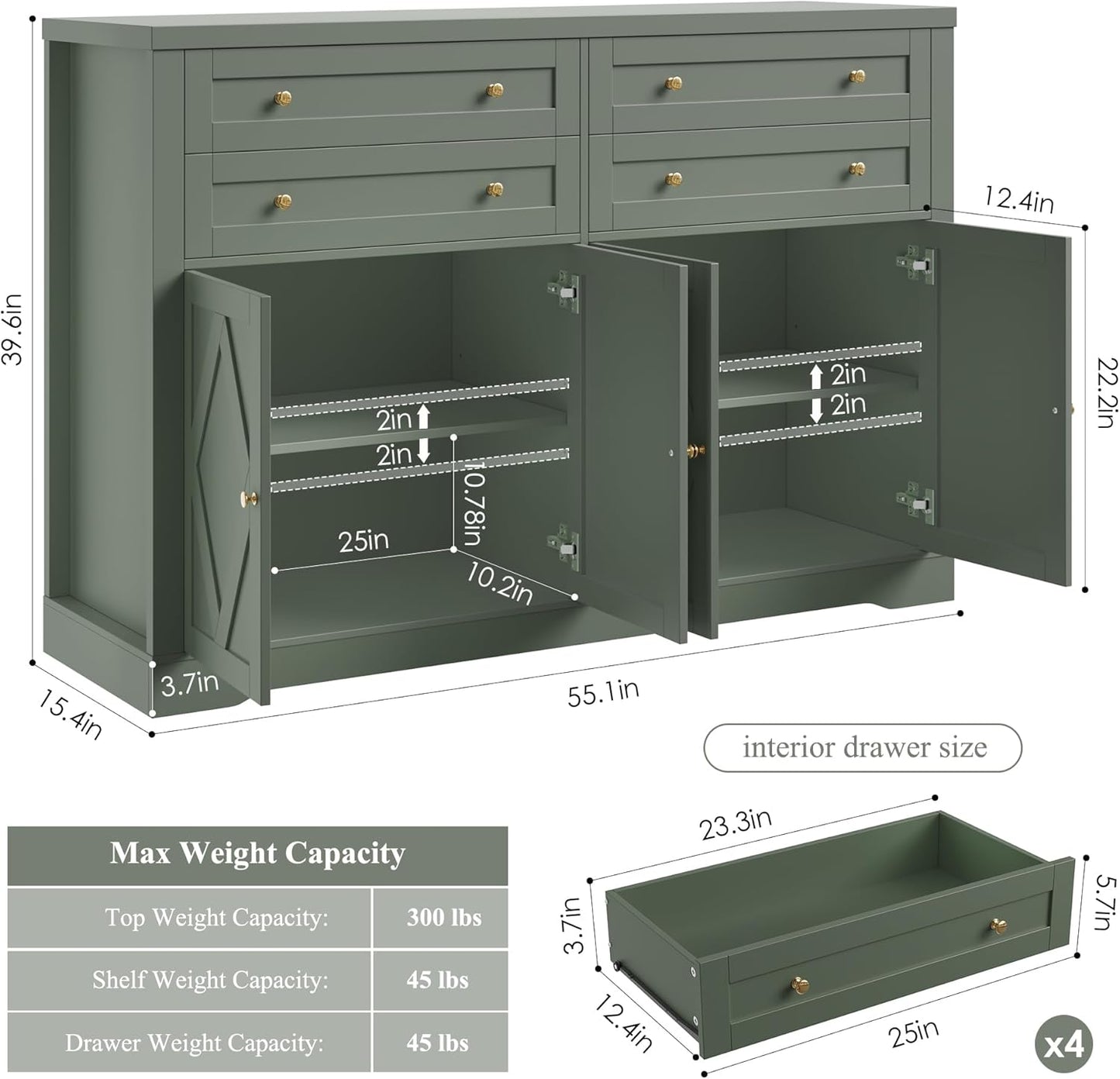 HOSTACK 55" Coffee Bar with 4 Large Drawers, 40" Tall Buffet Cabinet with Storage, Kitchen Storage Cabinet, Modern Farmhouse Sideboard Buffet, Adjustable Shelves for Living Room, Green