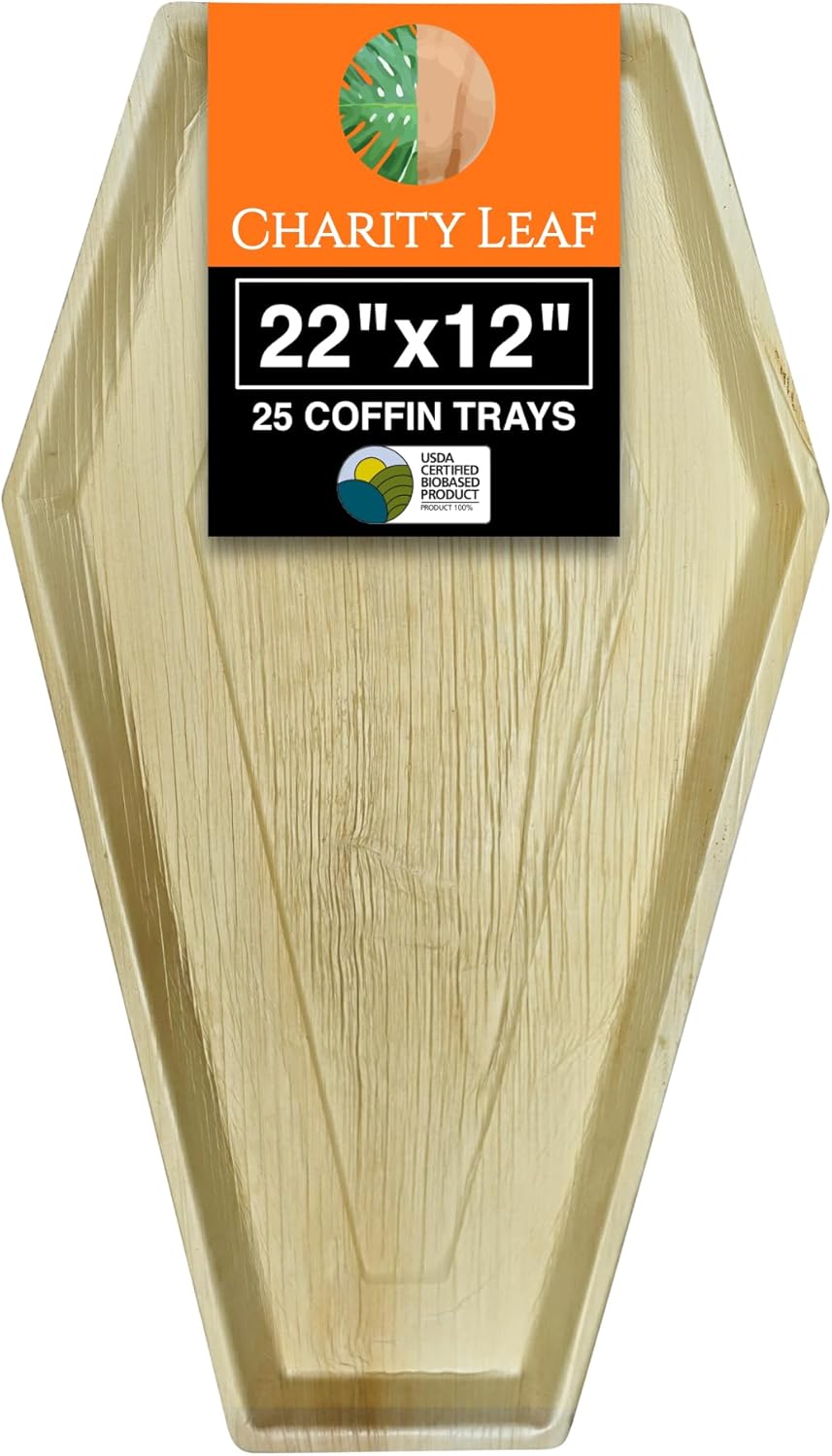 Charity Leaf Disposable Palm Leaf 22"x12" Coffin Trays (25 Pieces) Bamboo Like Serving Platters, Disposable Boards, Eco-Friendly Dinnerware for Christmas, Weddings, Catering, Events