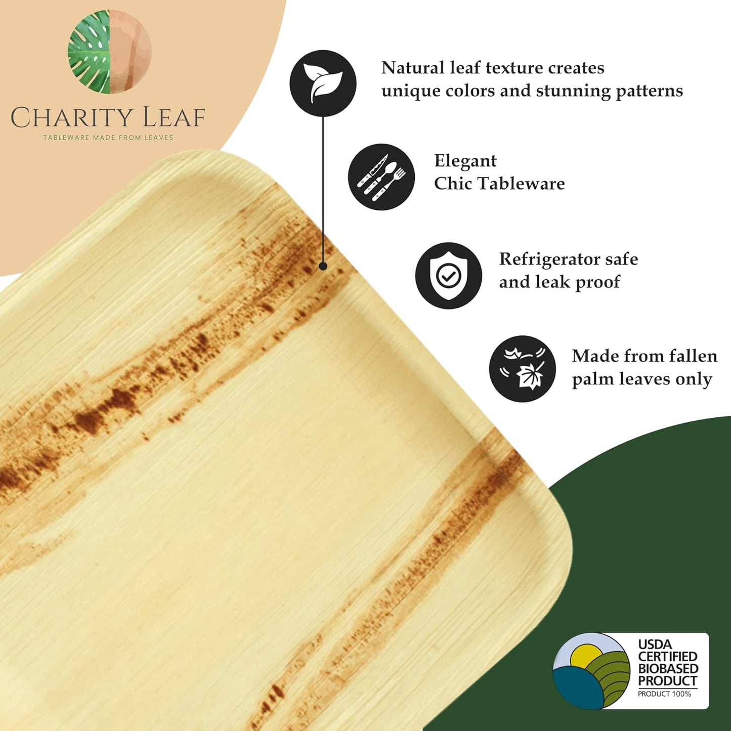 Charity Leaf Disposable Palm Leaf 12" x 10" Trays (100 pieces) Bamboo Like Serving Platters, Disposable Boards, Eco-Friendly Dinnerware For Weddings, Catering, Events