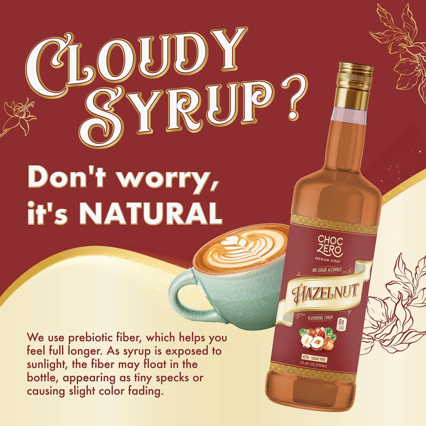 ChocZero Sugar Free Hazelnut Syrup for Coffee - Keto Flavoring Syrups - Low Calorie Simple Syrup for Flavored Drinks – 25.4 Fluid Ounces