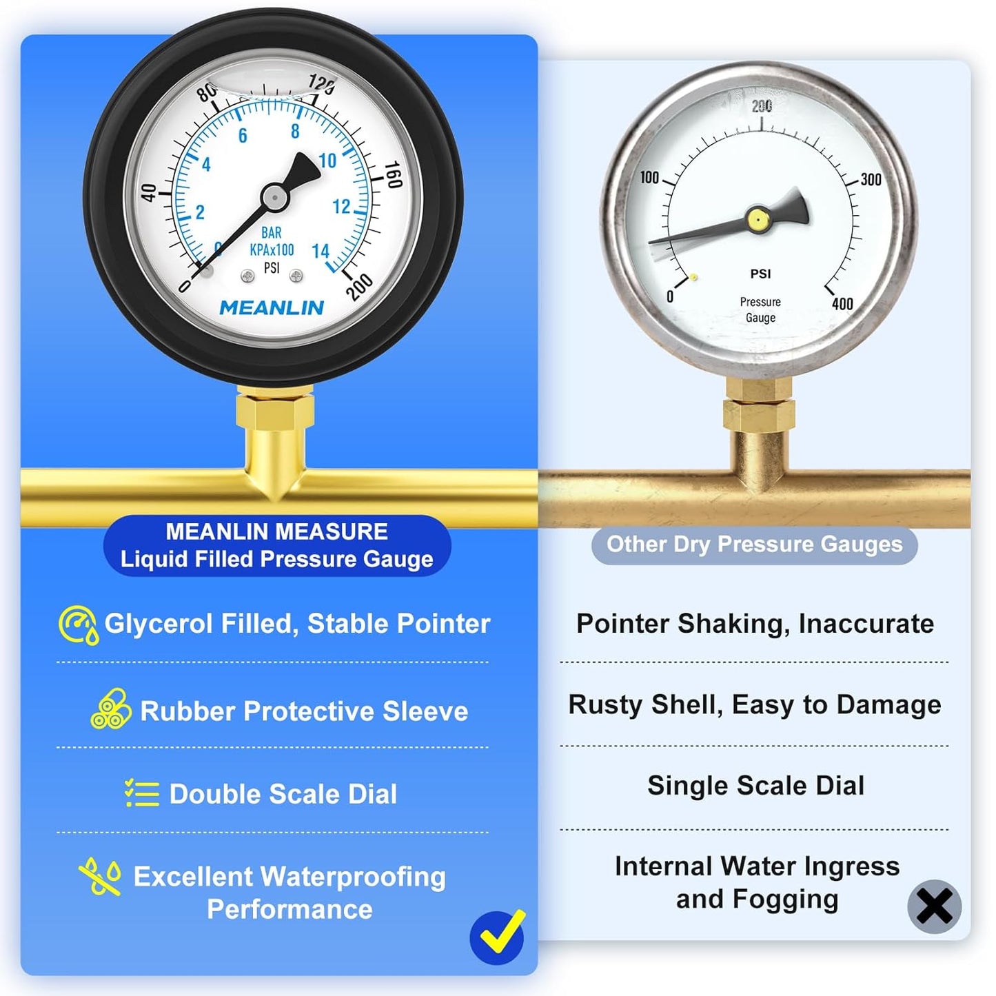 MEANLIN MEASURE 0~200Psi Stainless Steel 1/4" NPT 2.5" FACE DIAL Liquid Filled Pressure Gauge, Lower Mount (with Rubber Protective Sleeve), with 1/2" NPT and 3/8" NPT Hex Bushing