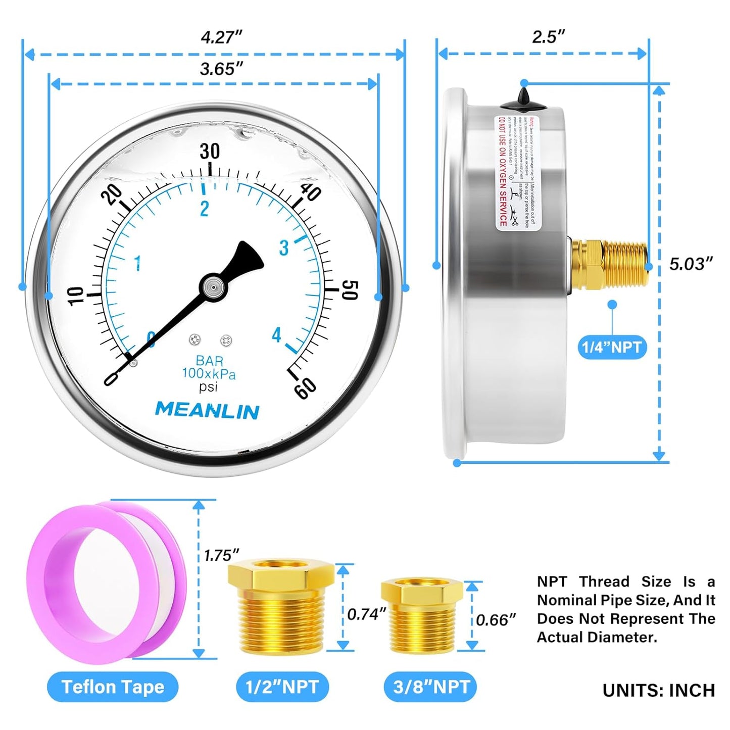 MEANLIN MEASURE 0~60Psi Stainless Steel 1/4" NPT 4" FACE DIAL Liquid Filled Pressure Gauge, Pool Sand Filter Water Pump Pressure Test Back Mount, with 1/4" x 1/2" NPT and 1/4" x 3/8" NPT Hex Bushing