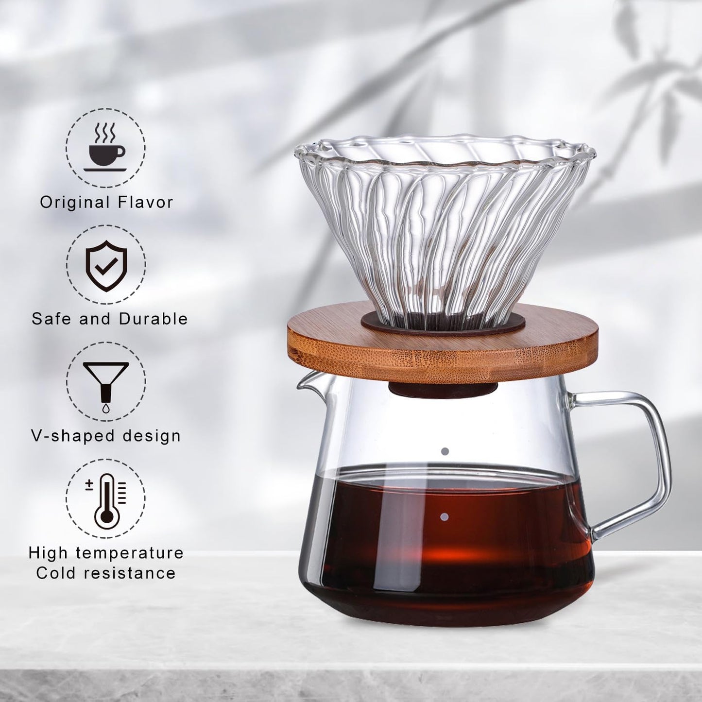 Gute Glass Coffee Dripper/Filter - Cone Glass Pour Over Coffee Dripper with Bamboo Stand, 1-4 Cups Drip Coffee Maker Funnel Accessories for Home, Office…