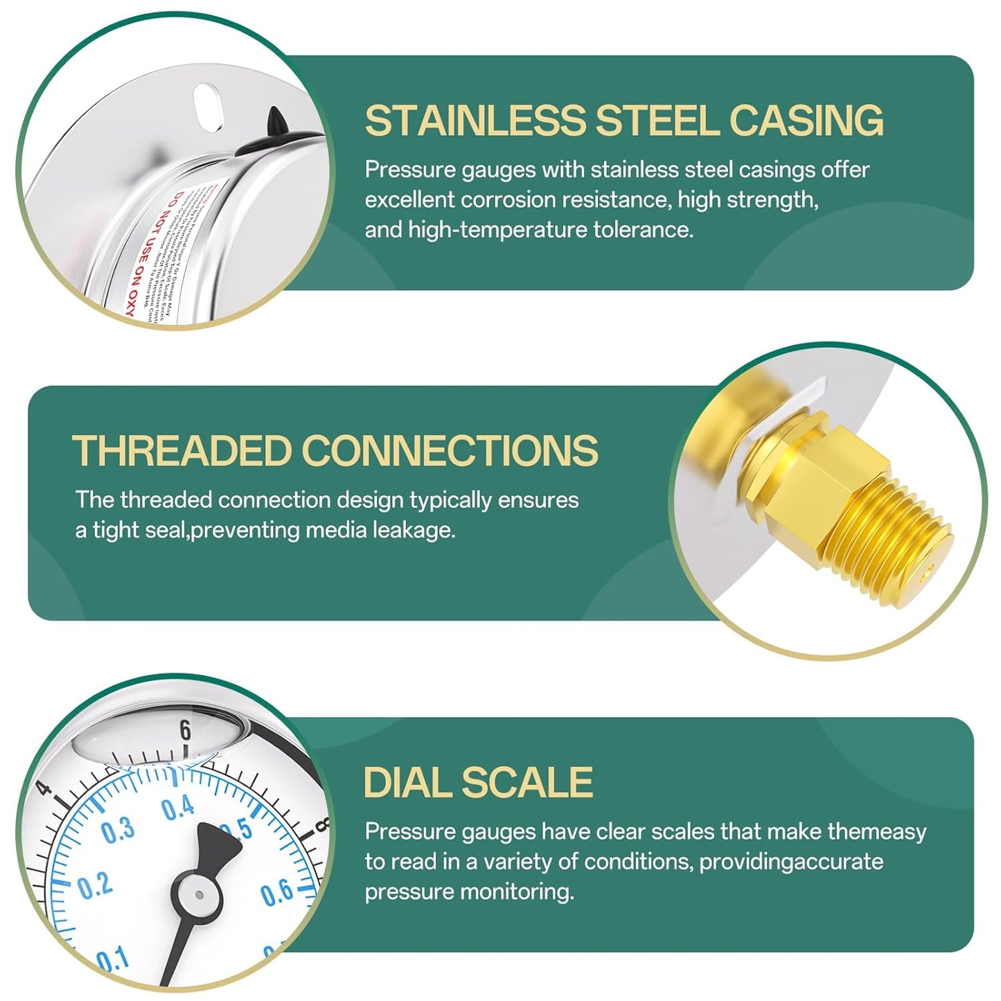 0-10PSI Panel Mount Front Flanged Glycerin Filled Pressure Gauge, 2.5" Dial Size, 1/4" MNPT Back Mount, Stainless Steel Case, with Phillips Screw and Nut, for Water, Gas, Liquid Pressure