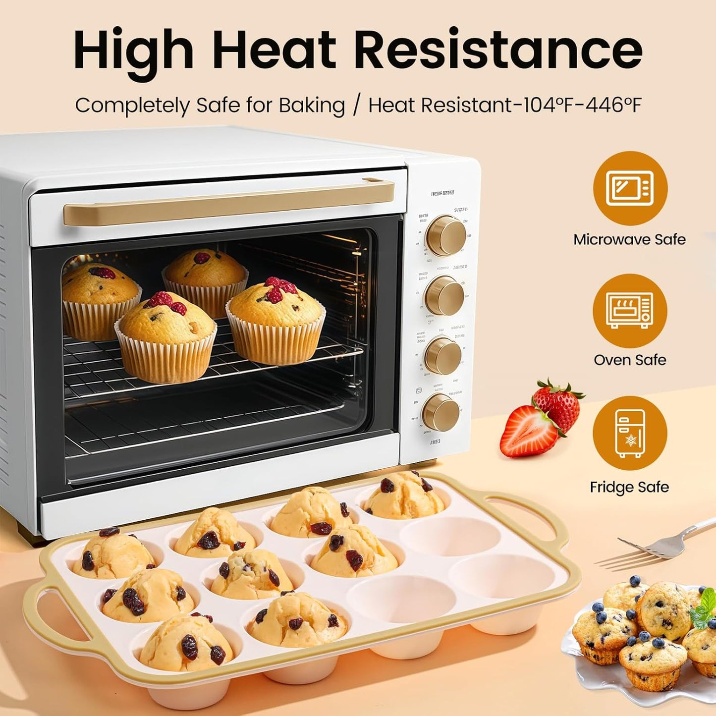 Silicone Muffin Pans for Baking 1 Pack, 2.6 Inch with Metal Reinforced Frame, Regular Size Nonstick Cupcake Pan 12 Cups for Baking Homemade Muffins, Dishwasher Safe BPA Free-Light Yellow