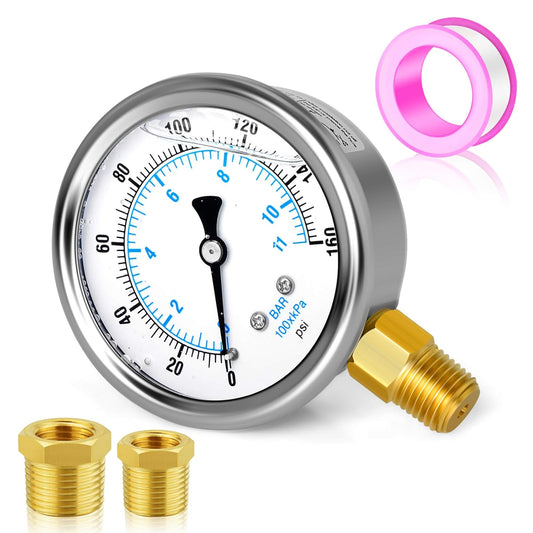 MEANLIN MEASURE 0~160Psi Stainless Steel 1/4" NPT 2.5" FACE DIAL Liquid Filled Pressure Gauge WOG Water Oil Air Lower Mount, with 1/2" NPT and 3/8" NPT Hex Bushing
