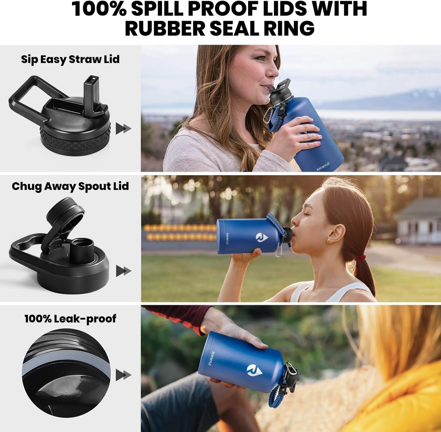 One Gallon Water Bottle Insulated, Triple Walled Vacuum Stainless Steel (Cold for 48 Hrs), Leak Proof & Non-BPA, Large Water Flask Jug with Paracord Handle & Straw Spout Lids