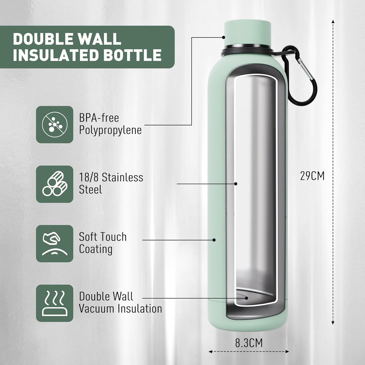 Slim Insulated Water Bottles for Travel 32oz with Clip, Double Wall Vacuum Stainless Steel Water Bottle Keeps Drinks Cold 24 Hrs/Hot 12 Hrs, 100% Leakproof, BPA Free(Mint)