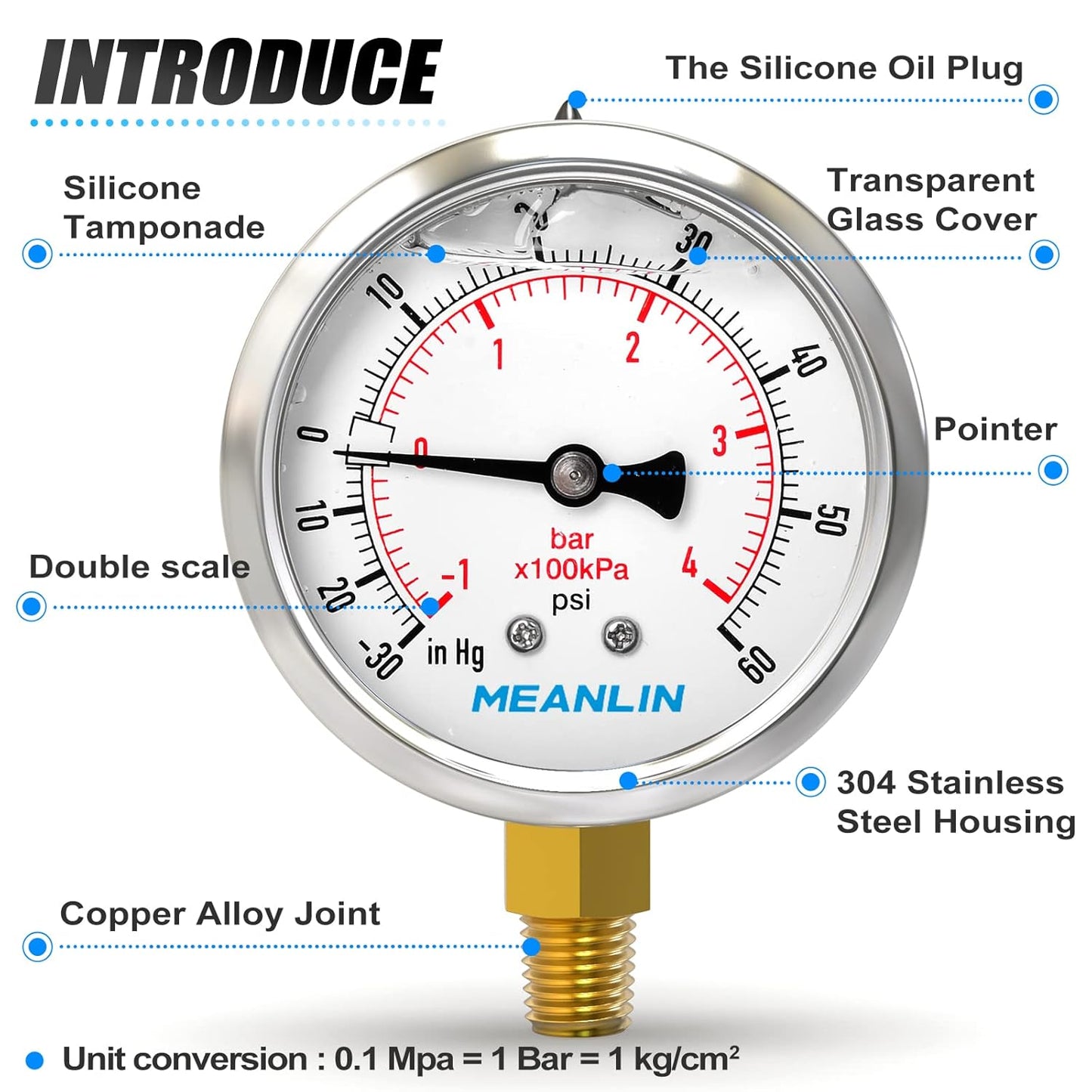 MEANLIN MEASURE -30inHG~60Psi Stainless Steel 1/8" NPT 2.5" FACE DIAL Vacuum Pressure Gauge, Lower Mount, with 1/4" NPT and 3/8" NPT Hex Bushing