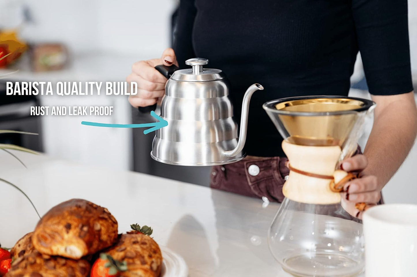 Barista Warrior Gooseneck Kettle for Pour Over Coffee and Tea with Thermometer for Exact Temperature, Precision Pour Drip Spout, Compatible with all Stove Tops (Matte Black, 1.2 Liter, 40 fl oz)