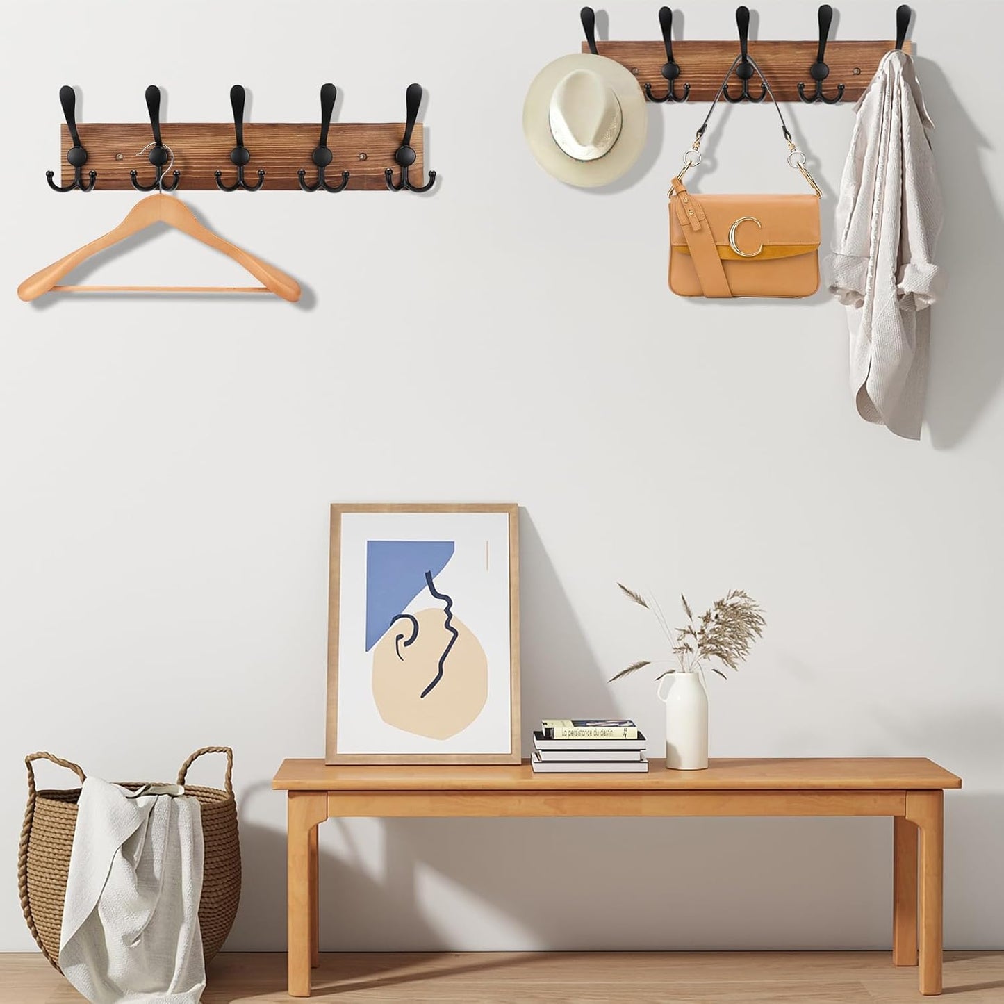 Coat Rack Wall Mount Wooden Hat Rack for Wall Hooks Pine Real Wood Plank 16.9" Brown Coat Hanger with 5 Triple Hooks for Hanging Coat Hat Jacket