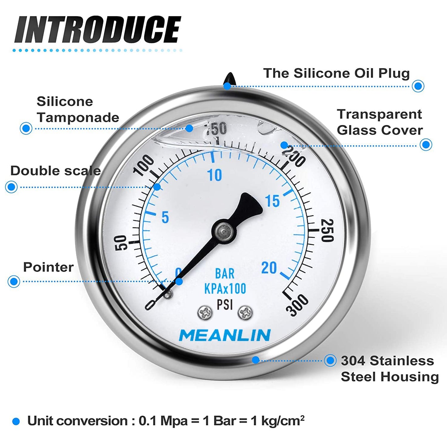MEANLIN MEASURE 0~300Psi Stainless Steel 1/4" NPT 2.5" FACE DIAL Liquid Filled Pressure Gauge WOG Water Oil Air Center Back Mount, with 1/4" x 1/2" NPT and 1/4" x 3/8" NPT Hex Bushing