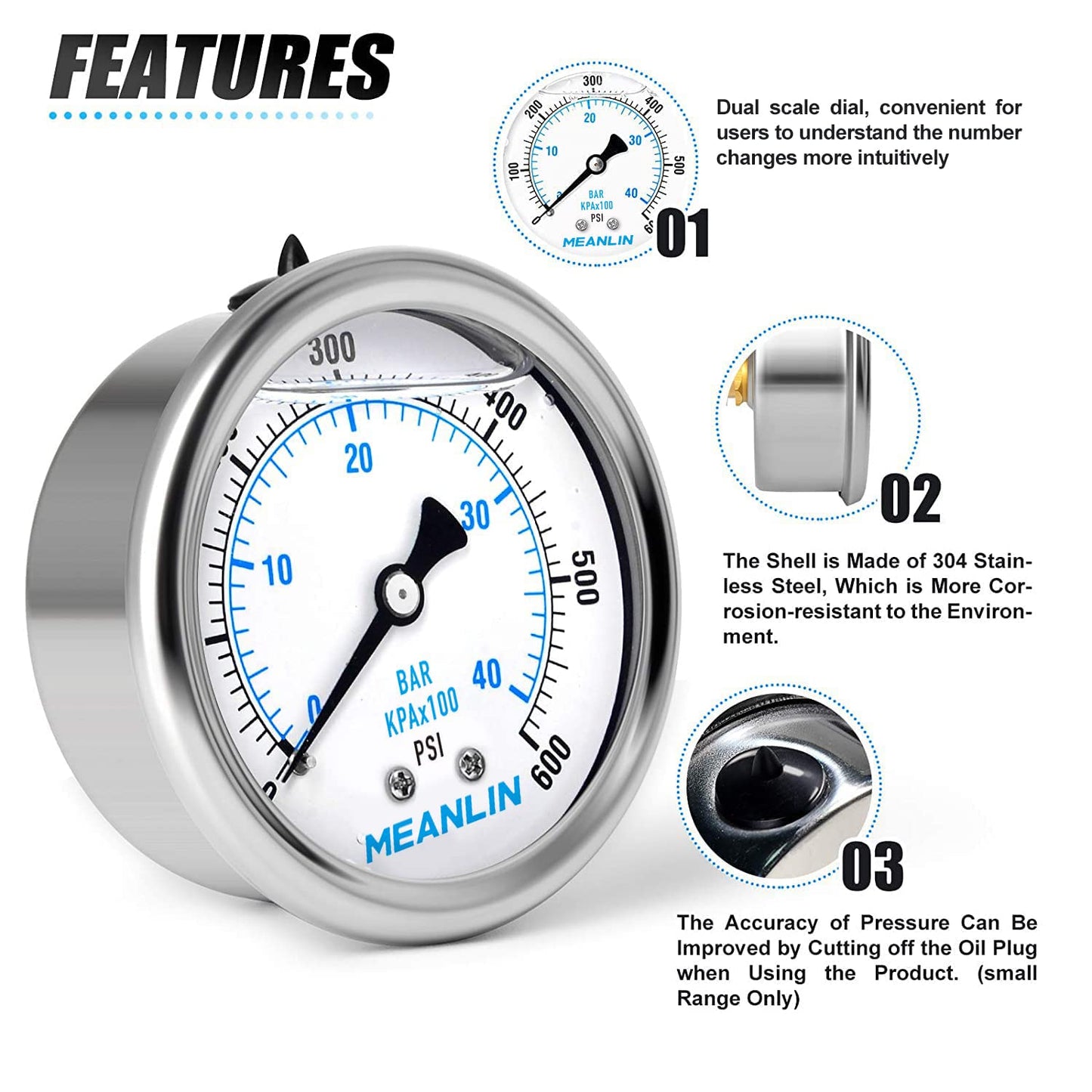 MEANLIN MEASURE 0~600Psi Stainless Steel 1/4" NPT 2.5" FACE DIAL Liquid Filled Pressure Gauge WOG Water Oil Air Center Back Mount, with 1/2" NPT and 3/8" NPT Hex Bushing