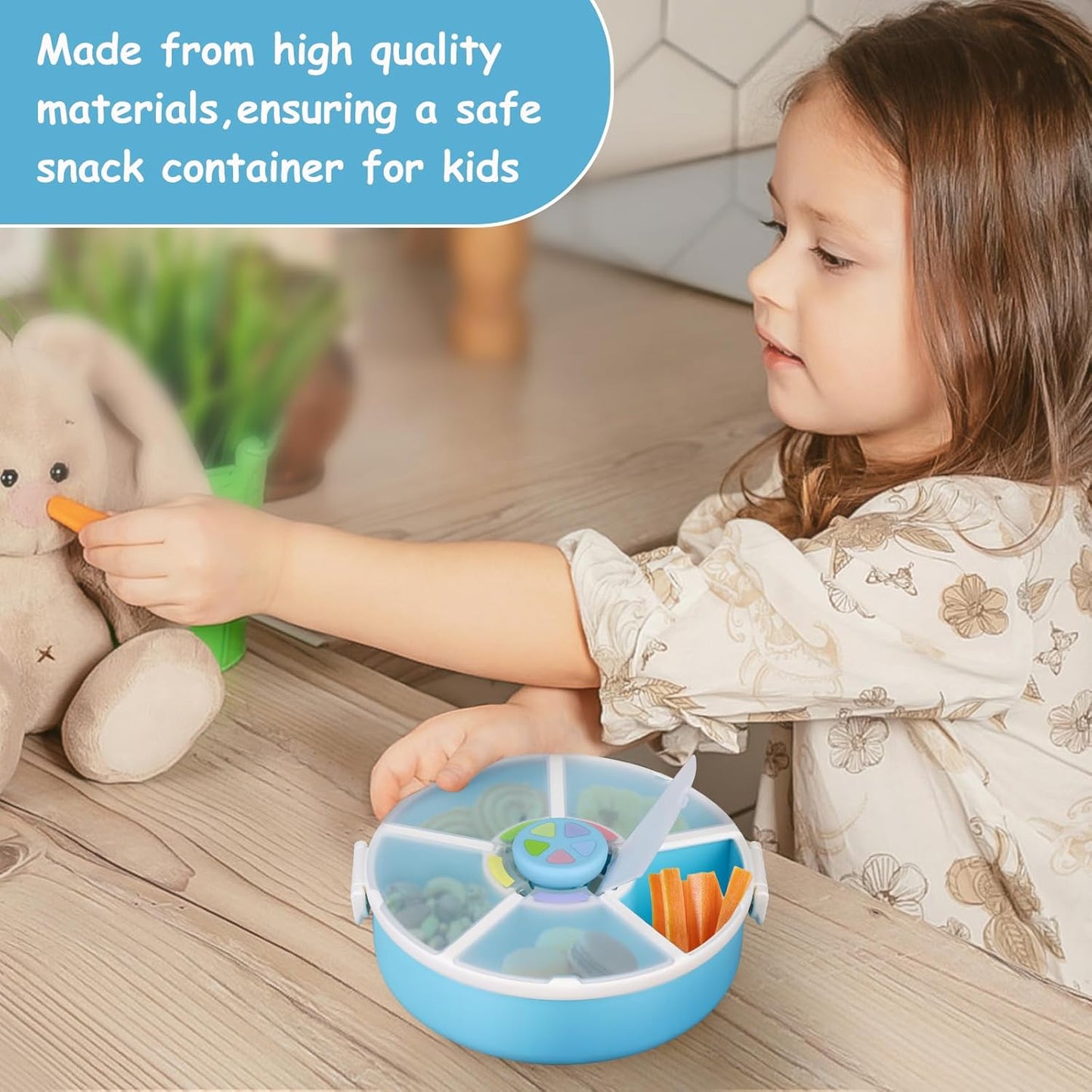 Kids Reusable Rotating Snack Container with 5 Separate Compartments, Color Matching Opening Lid, BPA/PVC-Free, Dishwasher Safe, Perfect for Travel, School Lunches & On-the-Go Snacking-Blue
