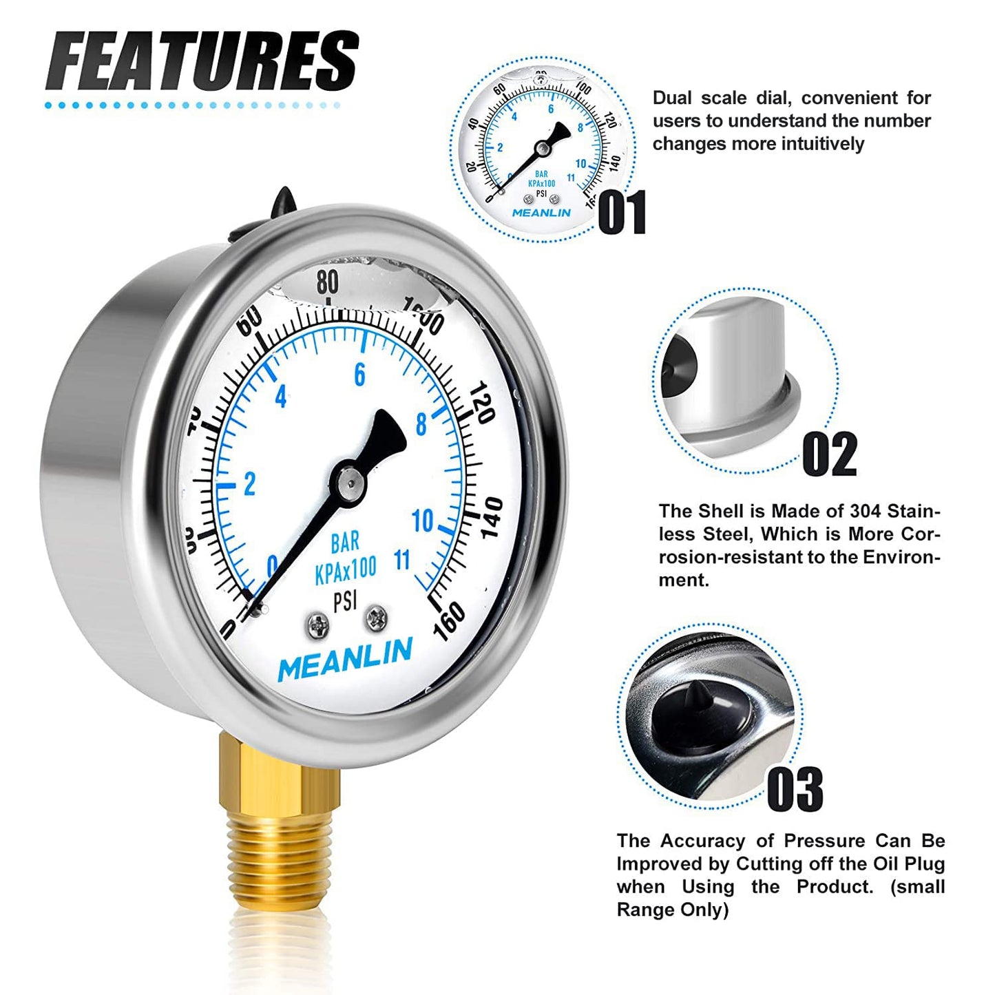 MEANLIN MEASURE 0~160Psi Stainless Steel 1/4" NPT 2.5" FACE DIAL Liquid Filled Pressure Gauge WOG Water Oil Air Lower Mount (Pack of 2), with 1/2" NPT and 3/8" NPT Hex Bushing