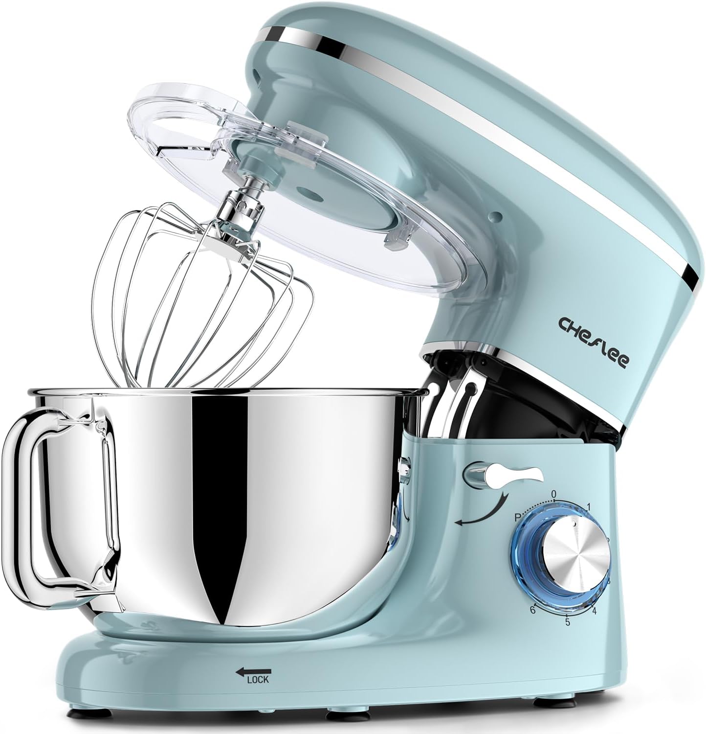 CHeflee Stand Mixer,660W 6+P With 6.5QT Stainless Steel Bowl,Dough Hook, Wire Whip & Beater,for Most Home Cooks,Blue