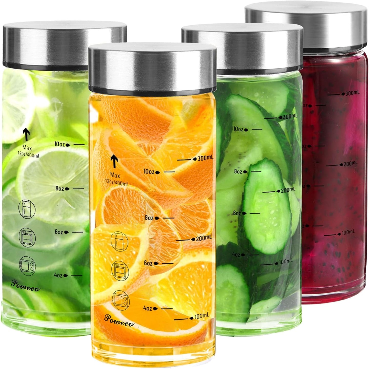 Glass Juice Bottles 4 Pack 12 oz - Wide Mouth Glass Water Bottles with Lids - for Juicing, Protein, Smoothie, Milk, Reusable, BPA Free, Stainless Steel Lids, Blender, Shaker Bottle [12oz/400ml]