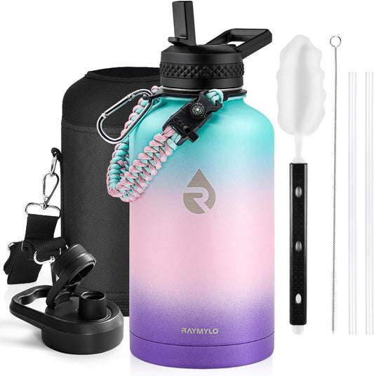 Insulated Water Bottle 64 oz, Triple Wall Vacuum Stainless Steel (Cold for 48 Hrs), Leak Proof & Non-BPA, Half Gallon Water Flask Jug with Paracord Handle & Straw Spout Lids, Hydrangea