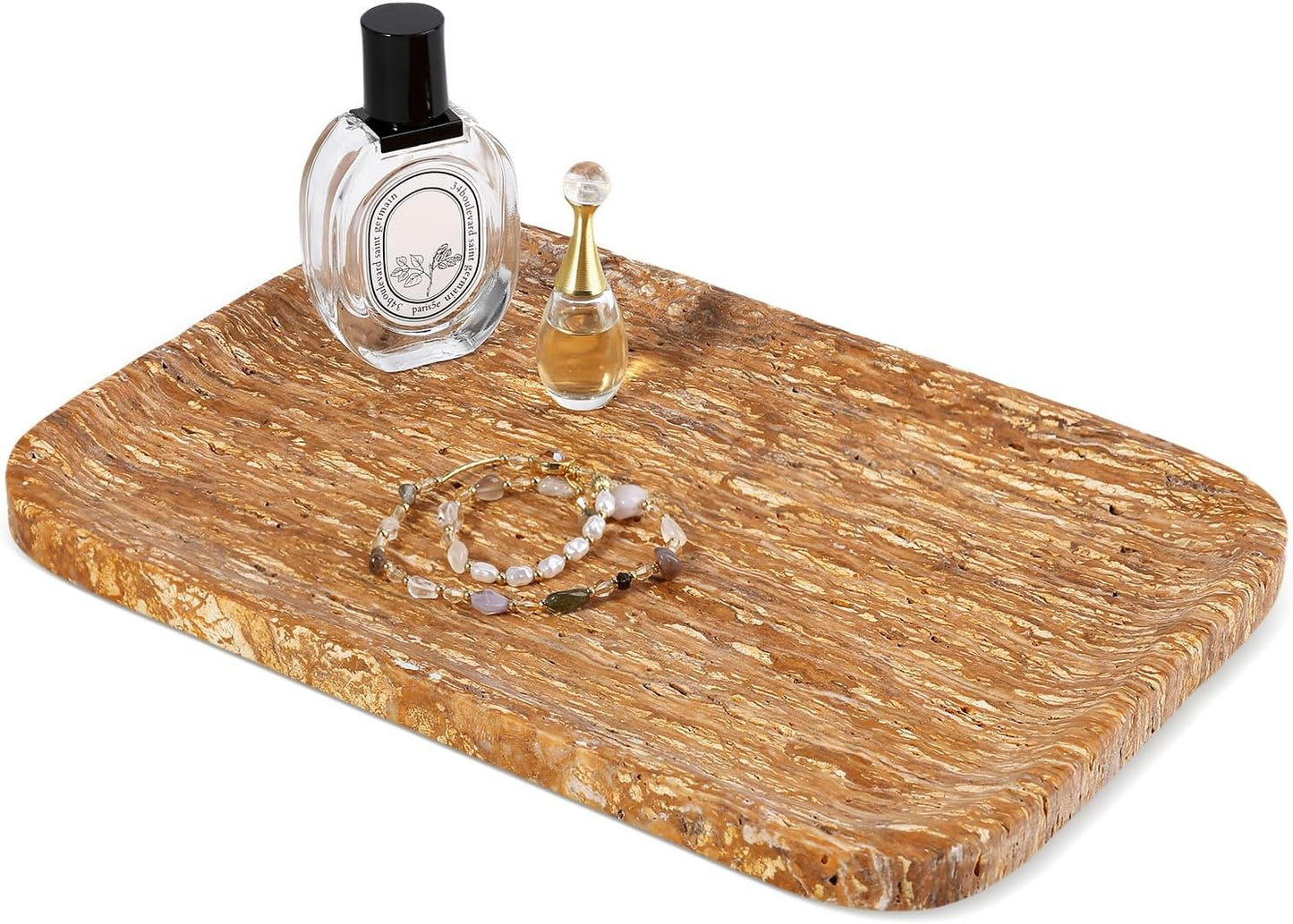 Natural Marble Vanity Tray, 11.8" Travertine/Stone Bathroom Tray Countertop, Golden Stone for Perfume Jewelry Holder, Decorative Dresser Organizer, Storage for Kitchen Sink(Walnut Traver)
