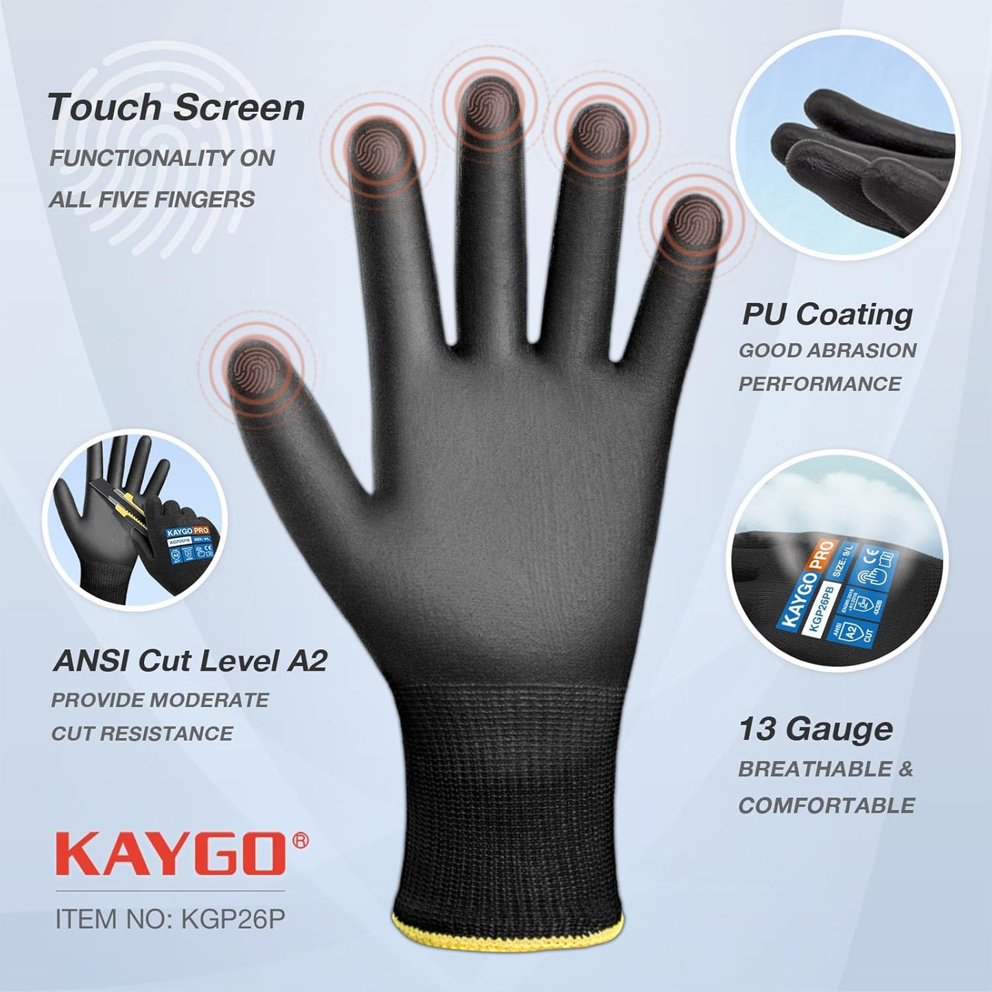 KAYGO Cut Resistant Gloves PU Coated, 12 Pairs Safety Work Gloves with full fingers Touchscreen, ANSI Cut Level A2, for Men and Women, Ideal for General Duty Work KG11P, Black,2XL