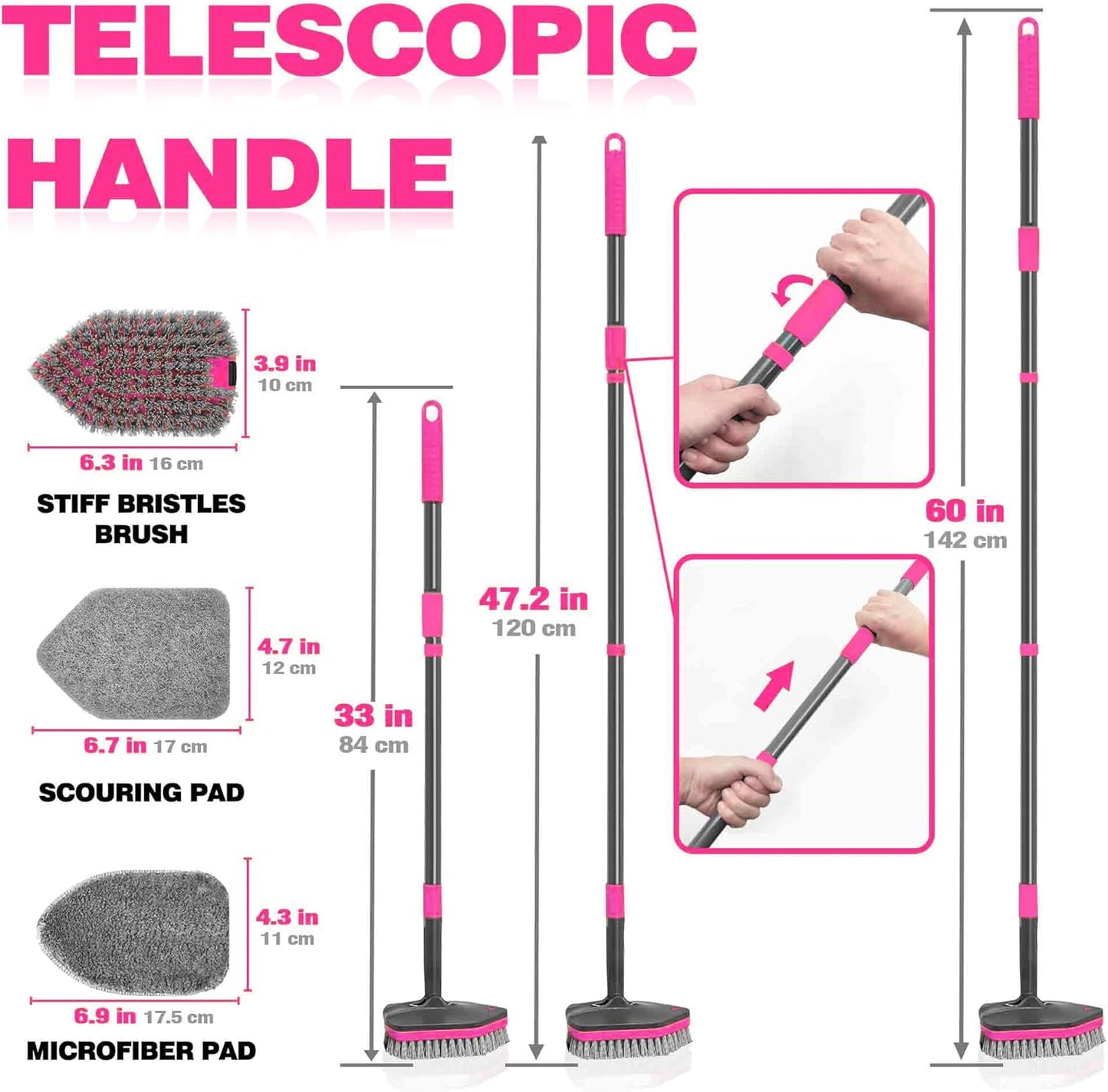 NEWE Shower Cleaner Brush, Tub Tile Scrubber with Telescopic Long Handle 60 inches, 4 Scrub Heads for Cleaning Bathroom Bathtub Floor Baseboard Sink Kitchen Toilet (Grey Red)