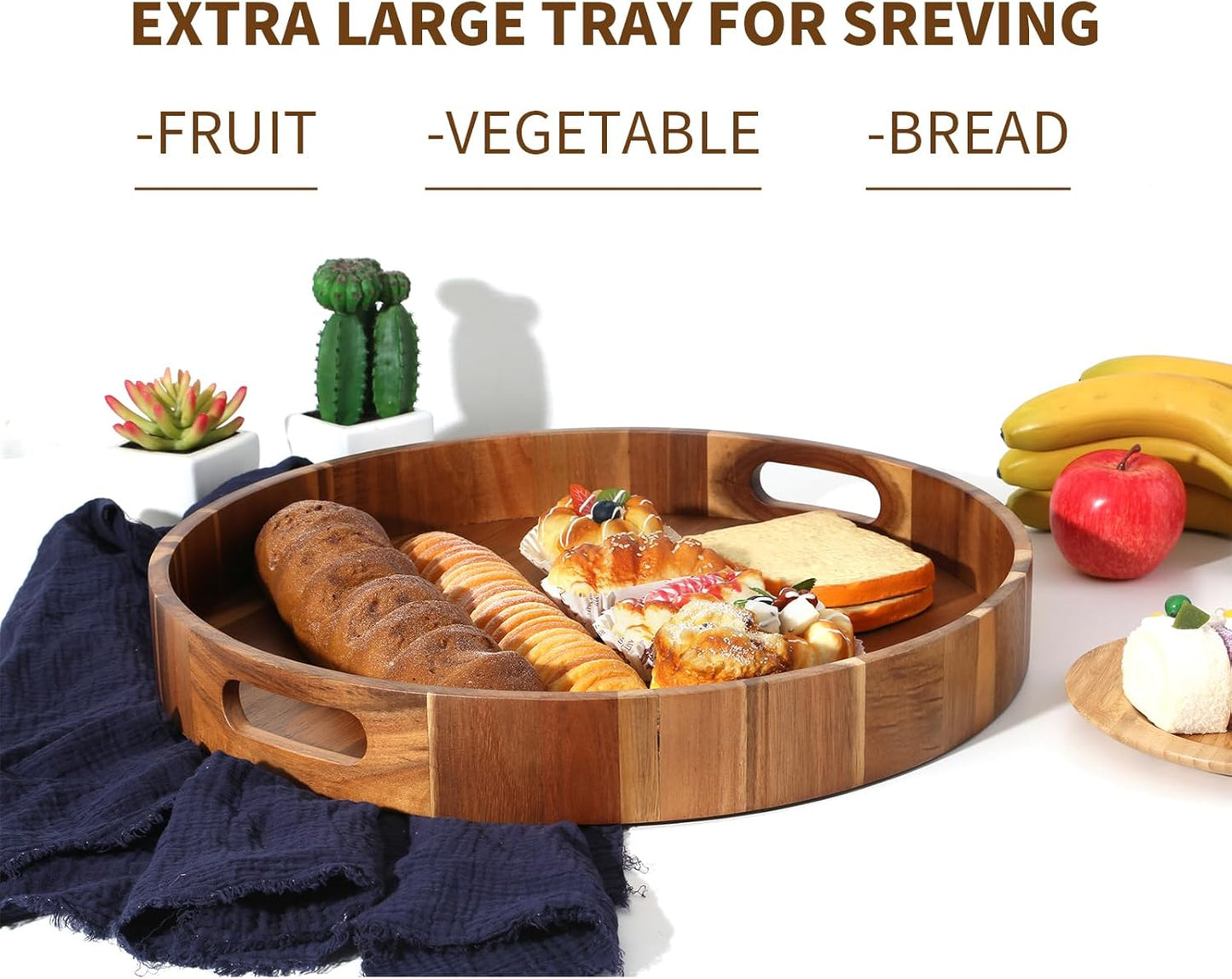 Extra Large 20" Acacia Wood Tray with Handles - Wooden Serving Tray for Ottoman, Coffee Table, Charcuterie, Bed & Breakfast - Rustic Modern Style