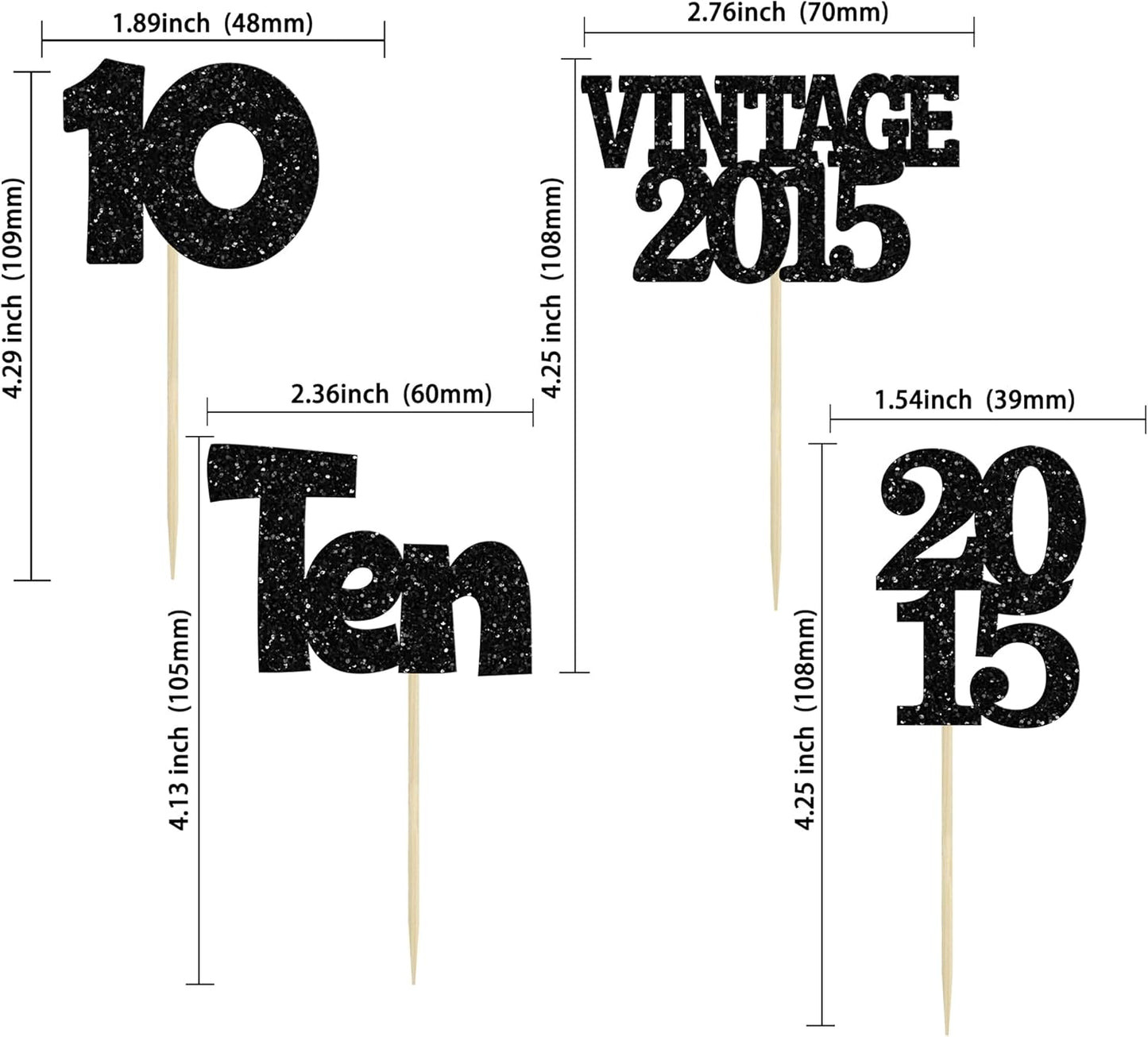 Gyufise 24Pcs 10th Birthday Cupcake Toppers Glitter Ten Vintage 2015 Double Digits 10 Cupcake Picks Hello 10 Years Birthday Cake Decorations for Happy 10th Anniversary Party Supplies Black