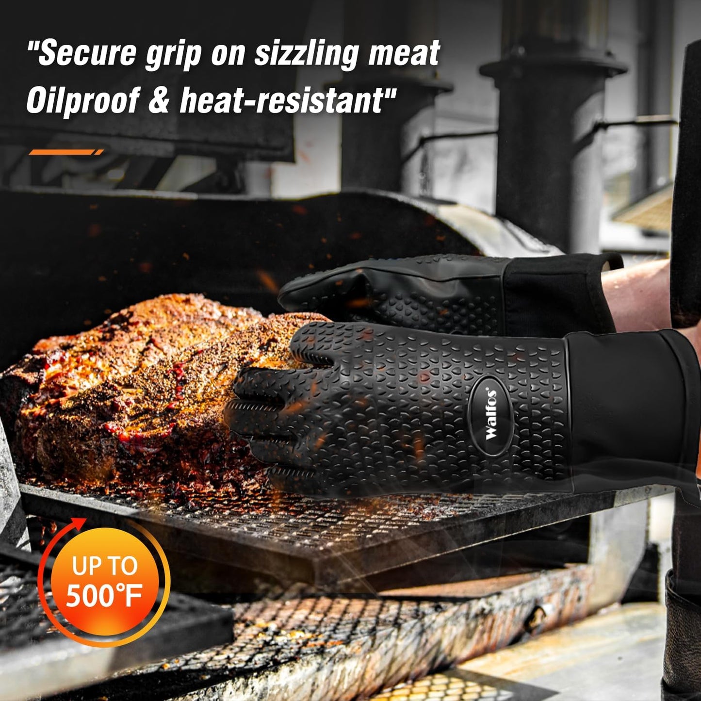 Walfos BBQ Gloves - 500°F Heat Resistant Grilling Gloves Set with Meat shredding Claws & Silicone Brush, Non-Slip Kitchen Silicone Oven Mitt, for Barbecue, Cooking, Baking, Cutting, Black