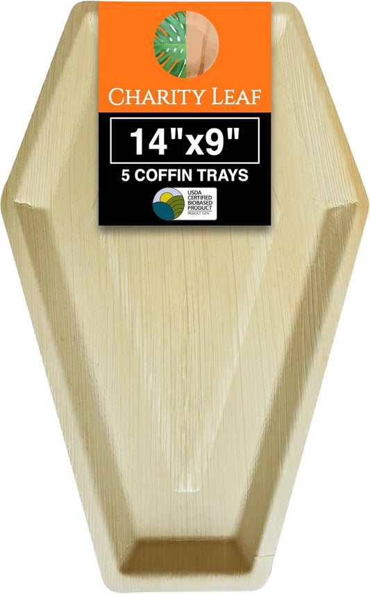 Charity Leaf Disposable Palm Leaf 14"x9" Coffin Trays (5 pieces) Bamboo Like Serving Platters, Disposable Boards, Eco-Friendly Dinnerware For Halloween, Weddings, Catering, Events