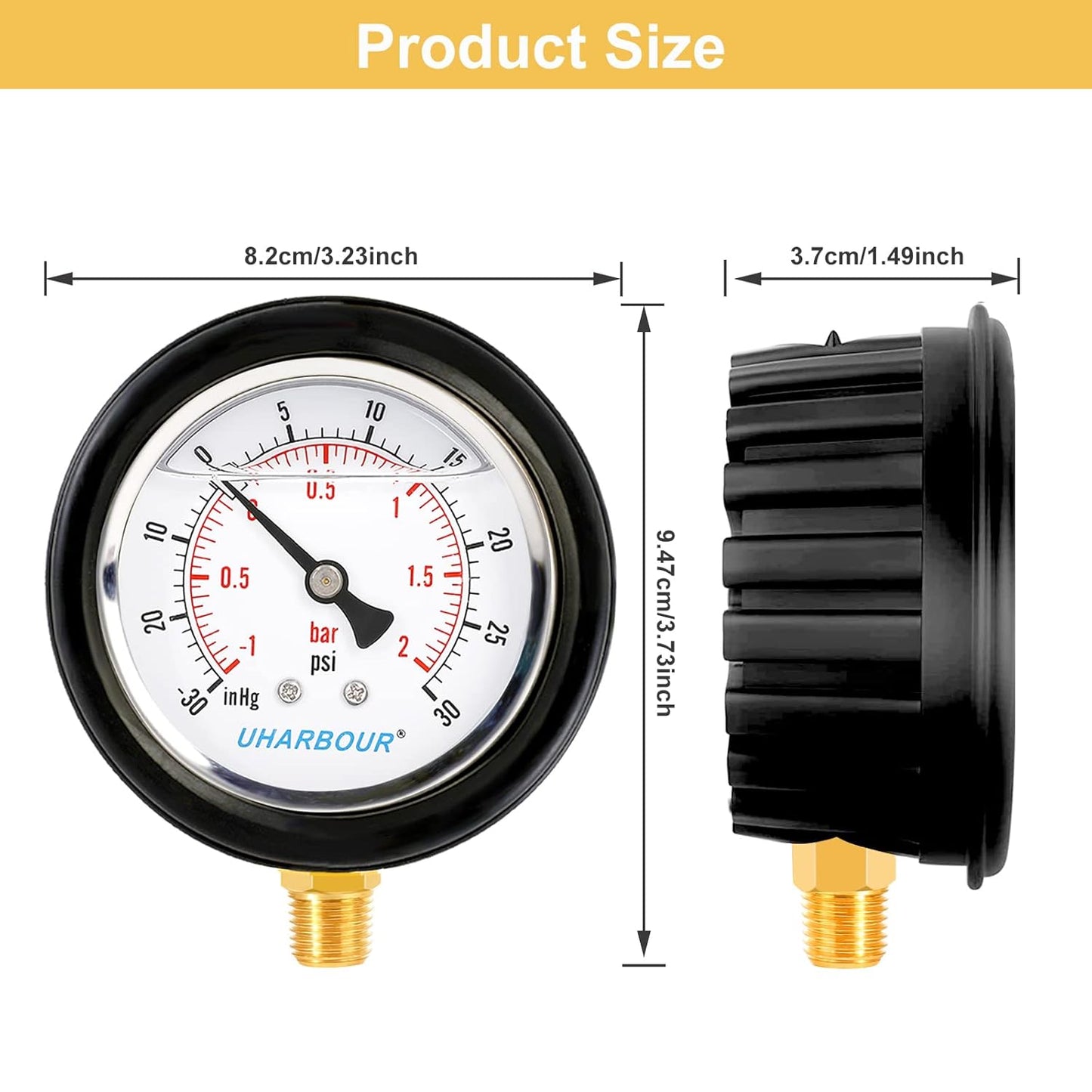 Pressure Vacuum Gauge 2-1/2" Dial Liquid Filled -30 inhg/30 PSI, Rubber Protective Case, 1/4" Brass Lower Mount, Including 1/4" to 1/8" Thread Adapter and Teflon Tape