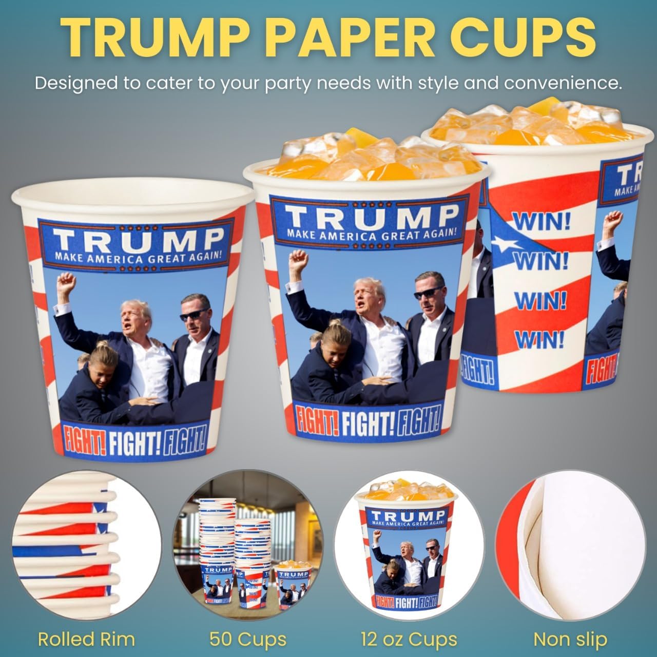 Smygoods Trump Design Disposable Paper Coffee Cups (12 OZ, 50 Count) For Hot Beverages, Tea, Espresso, Cocoa - To Go Drink Containers, Café & Office