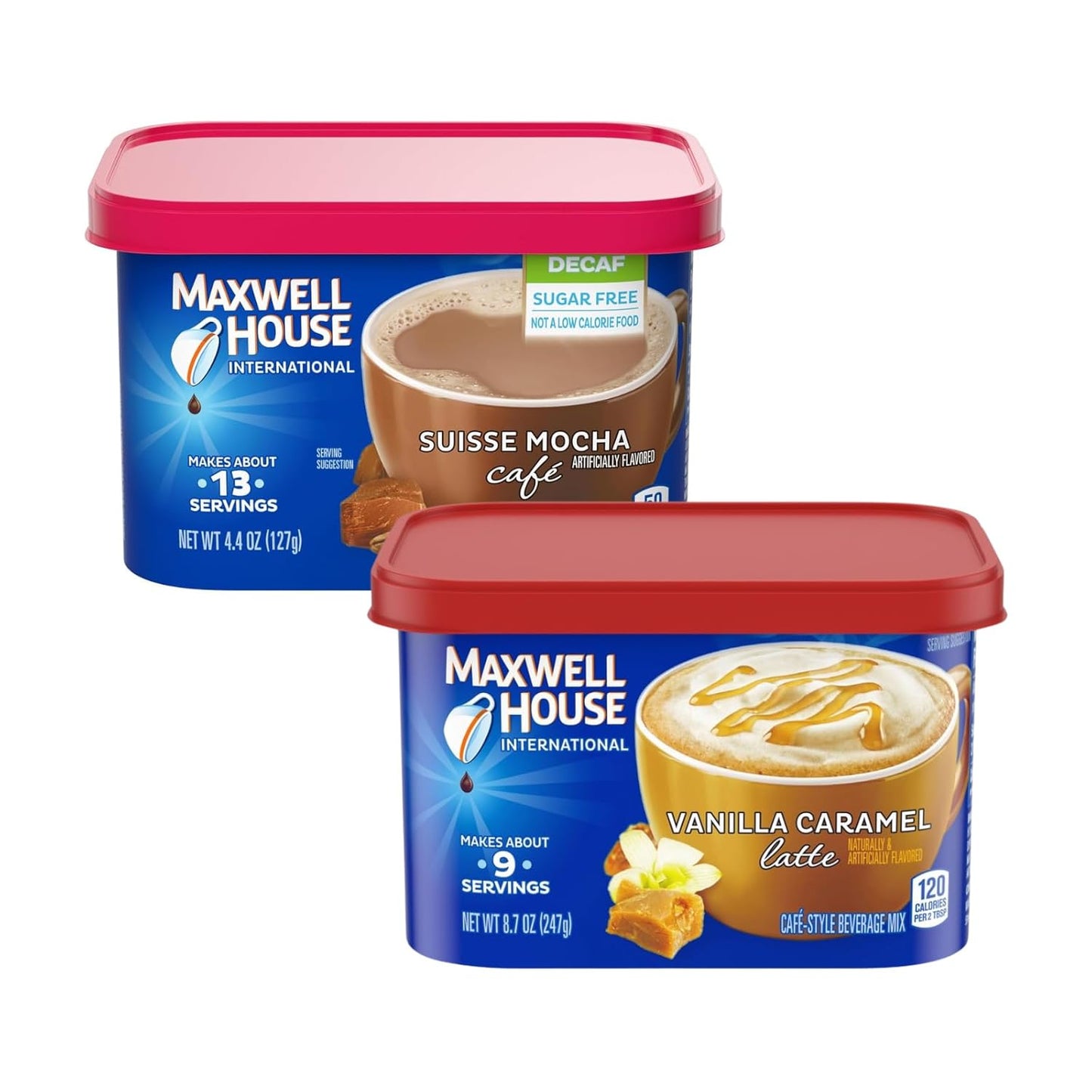 Maxwell House Vanilla Caramel Latte Mix, 8.7 oz + Suisse Mocha Decaf Instant Coffee, 4.4 oz, (Variety Pack)