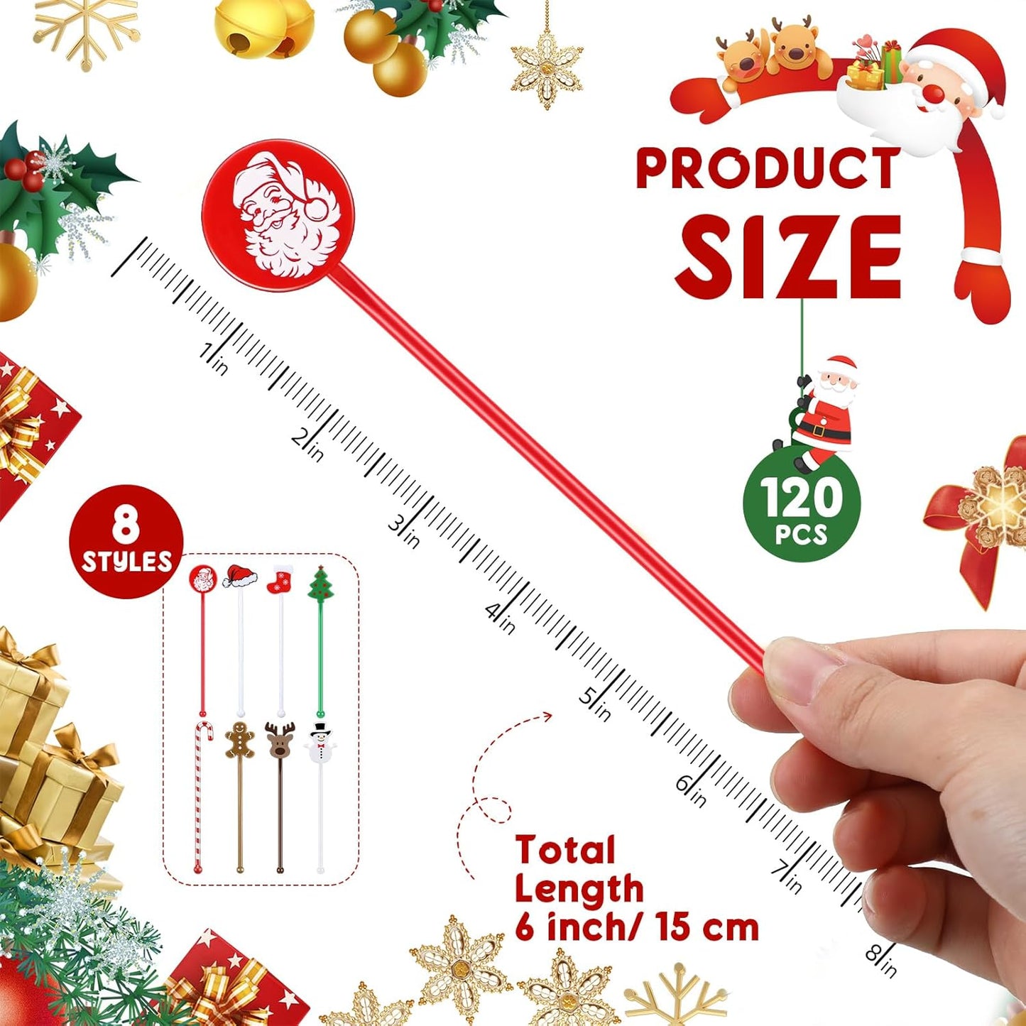 120 Pcs Christmas Plastic Swizzle Sticks Christmas Coffee and Cocktail Stirrers Hot Cocoa Stir Sticks Coffee Bar Decoration Reusable Beverage Drink Stirrers for Xmas Party Favor