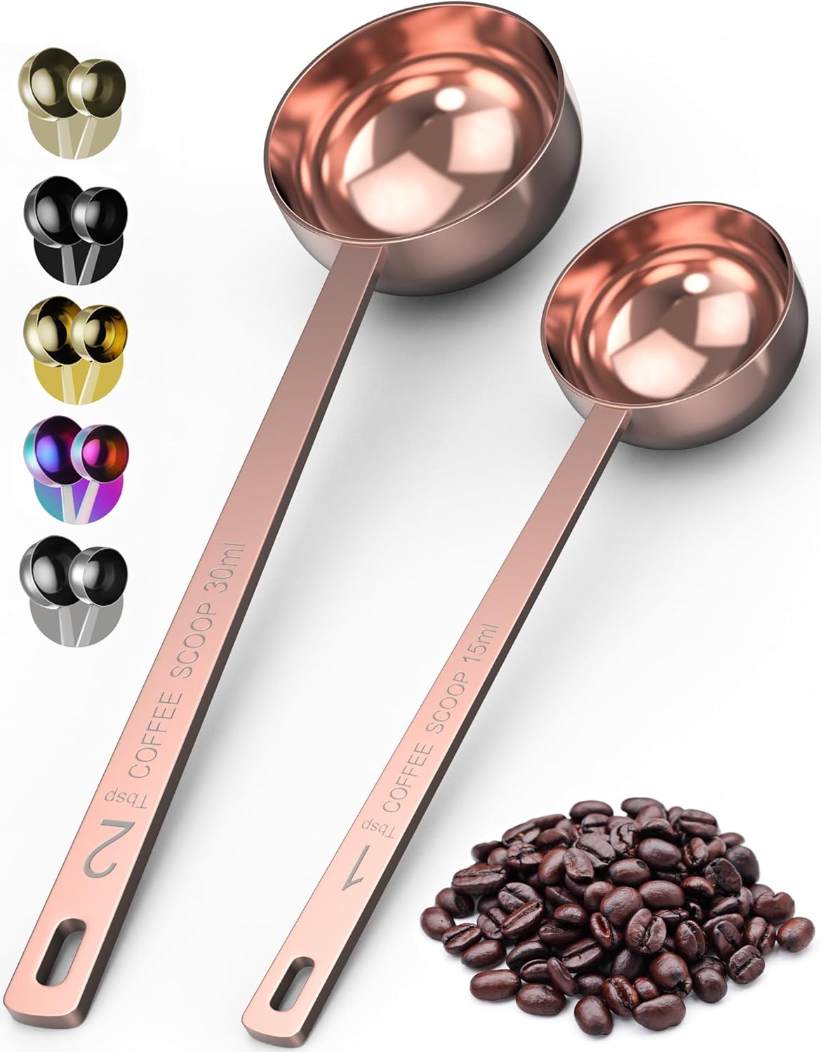 Orblue Premium Coffee Scoop Set - 1 Tbsp (15ml) & 2 Tbsp (30ml) Measuring Tablespoon - Stainless Steel Coffee Measuring Spoon and Scooper with Long Handles - Pack of 2 - Rose Gold