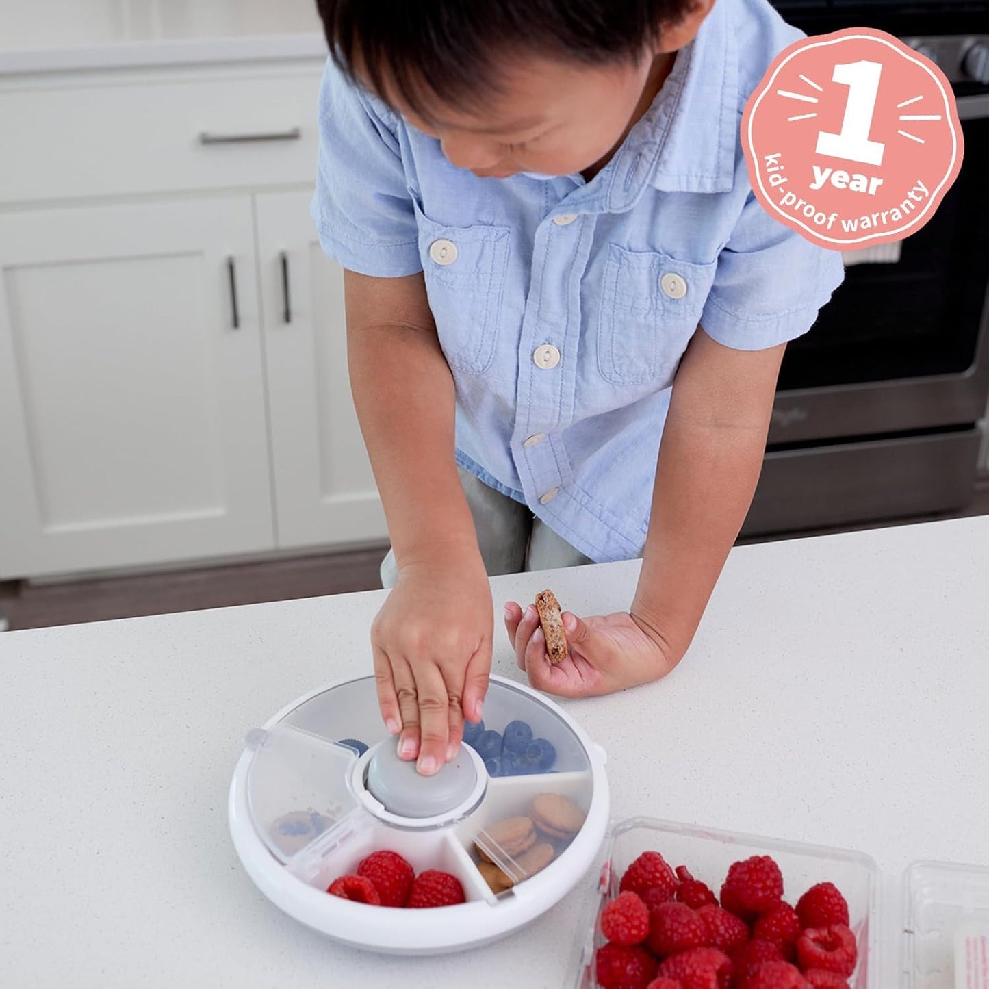 GoBe Kids Small Snack Spinner Flip Bundle with Hand Strap and Sticker Sheet - Reusable Snack Container with 5 Compartment Dispenser and Lid | BPA/PVC Free | Dishwasher Safe | No Spill- Macaron Blue