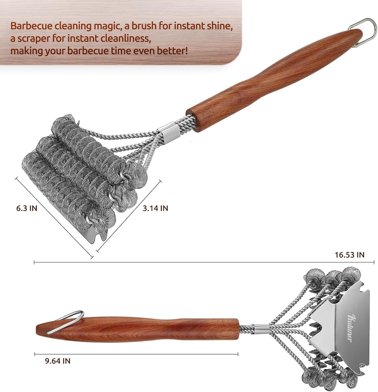 KULUNER BBQ Cleaning Brush - Bristle-Free, Suitable for All Types of barbecues, Wooden Handle, Multifunctional Brush and Scraper, Barbecue Accessory, Men's