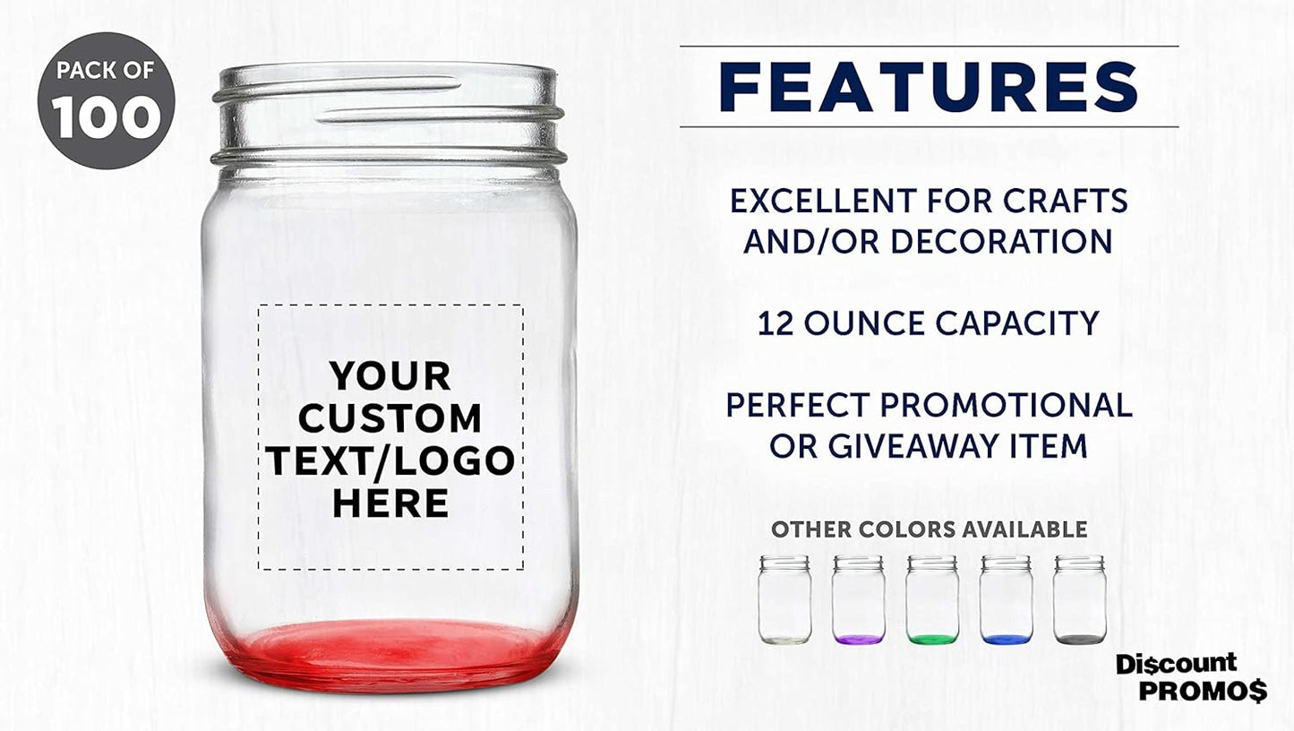 DISCOUNT PROMOS Custom Decorating Mason Jars 12 oz. Set of 100, Personalized Bulk Pack - Glass Jars for Overnight Oats, Candies, Fruits, Pickles, Spices, Beverages - Red