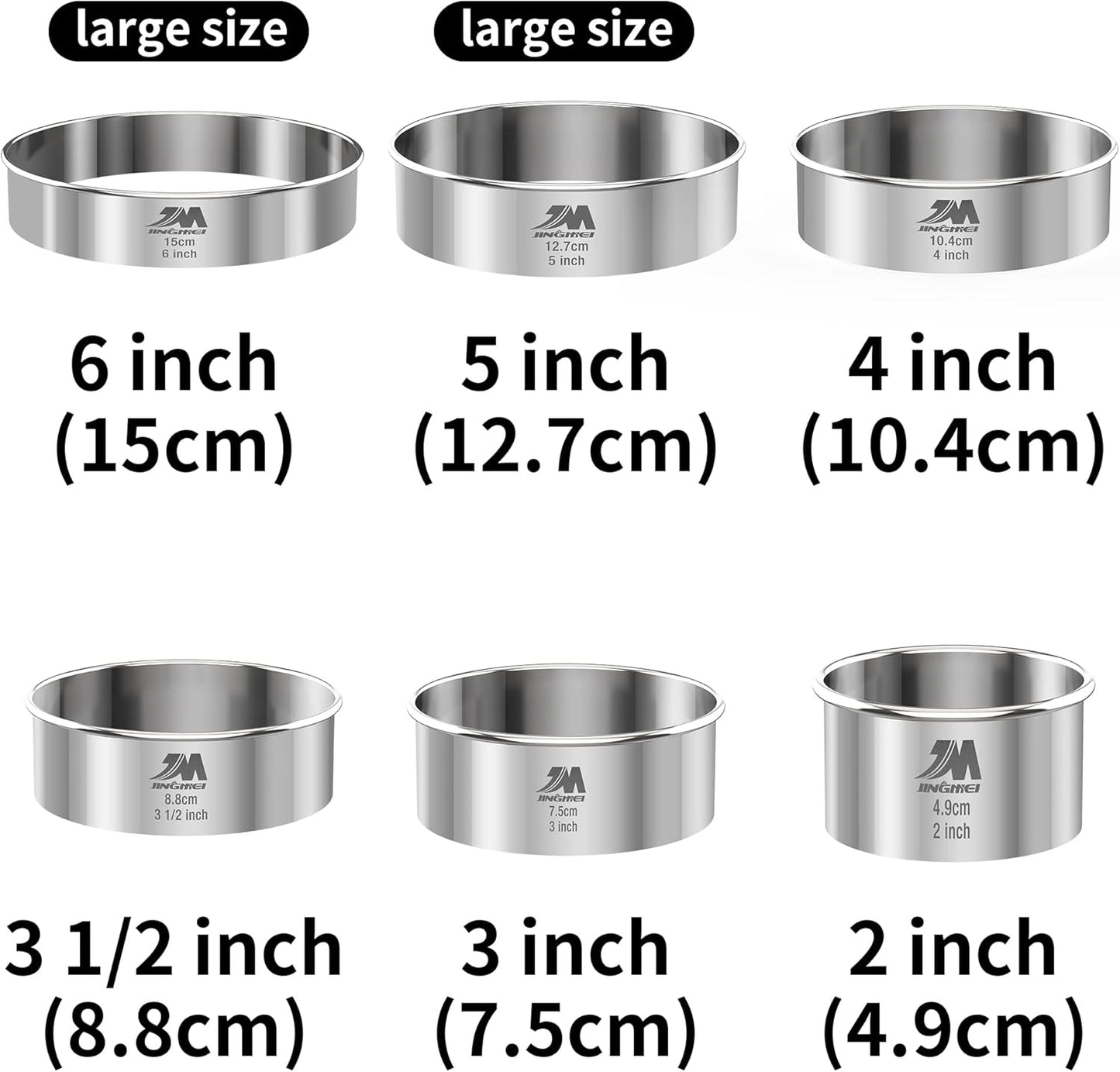 M JNGMEI 6 Pieces Stainless Steel Cookie Cutter Set 2'', 3'',3.5'', 4'',5''and6'' Biscuit Plain Edge Round Cutters large Sizes Shape Molds Ranging from 2-6 Inches GIFT PACKAGE