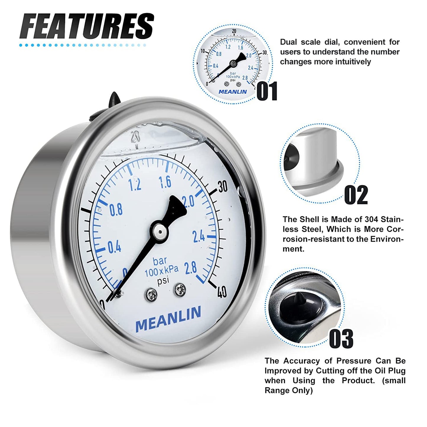 MEANLIN MEASURE 0~40Psi Stainless Steel 1/4" NPT 2.5" FACE DIAL Liquid Filled Pressure Gauge WOG Water Oil Air,Cencter Back Mount, with 1/4" x 1/2" NPT and 1/4" x 3/8" NPT Hex Bushing