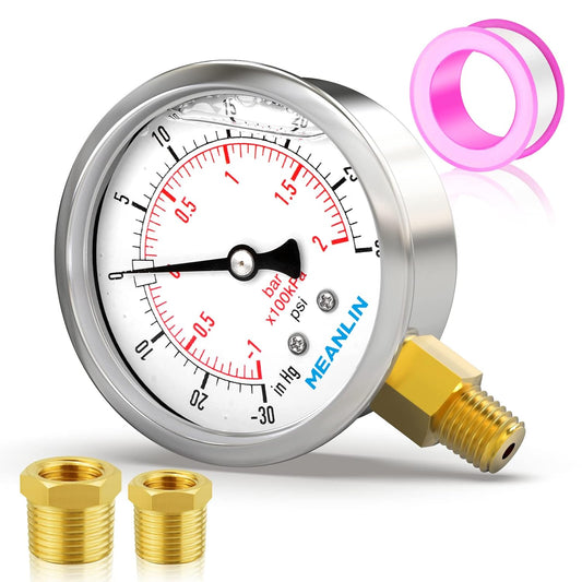 MEANLIN MEASURE -30inHG~30Psi Stainless Steel 1/8" NPT 2.5" FACE DIAL Vacuum Pressure Gauge, Lower Mount, with 1/4" NPT and 3/8" NPT Hex Bushing
