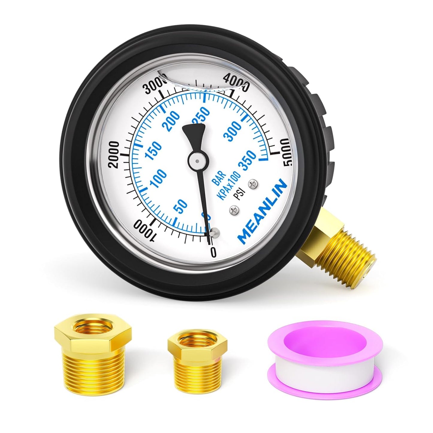 MEANLIN MEASURE 0~5000Psi Stainless Steel 1/4" NPT 2.5" FACE DIAL Liquid Filled Pressure Gauge, Lower Mount (with Rubber Protective Sleeve), with 1/2" NPT and 3/8" NPT Hex Bushing