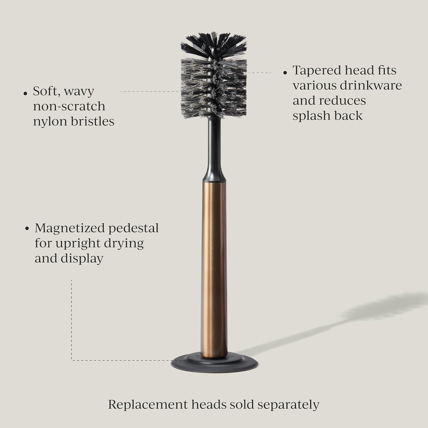 Ionic Bottle Brush, Magnetized to Stand Upright, Stainless Steel with Replaceable Head, Bronze