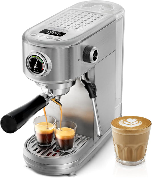 HIBREW H10B - 51mm Espresso Machine - Temperature & Cup Volume Adjustable at will - With Intelligent Display Screen & Pressure Gauge - Stainless Steel Body(Metallic Grey)