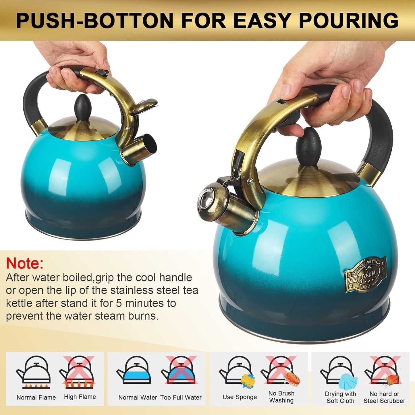 3Quart Whistling Tea Kettle Classic Teapot Stainless Steel Teakettle with Cool Grip for Stovetop