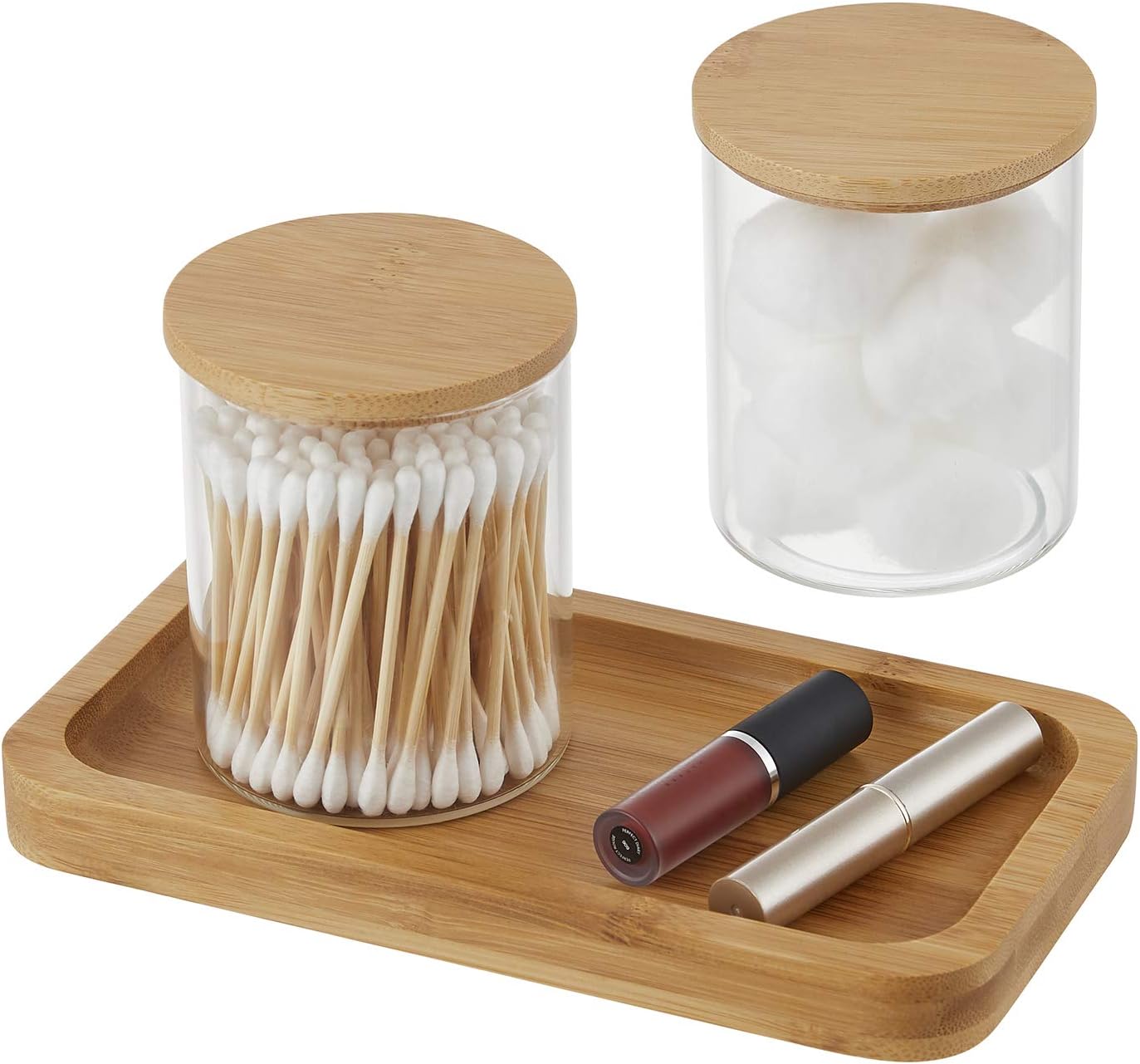Qtip Holder With Vanity Tray, Glass Apothecary Jars With Lids for Bathroom, Cotton Ball Swab Pad Rounds Holder Canister Jars for Restroom Decorations and Organizer