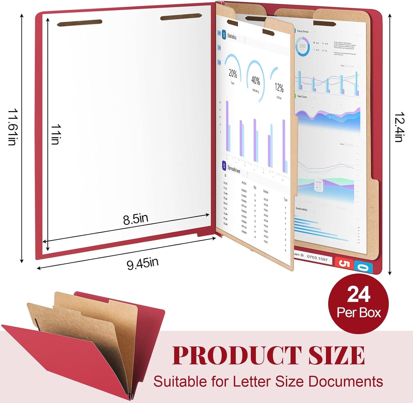 24 Pcs Classification Folders Letter Size, Back to School Supply for Teacher, Student, 2 Dividers Pressboard File Folder Bulk with Fasteners, 3.5 Inch Expanding File Organizer(Dark Red)