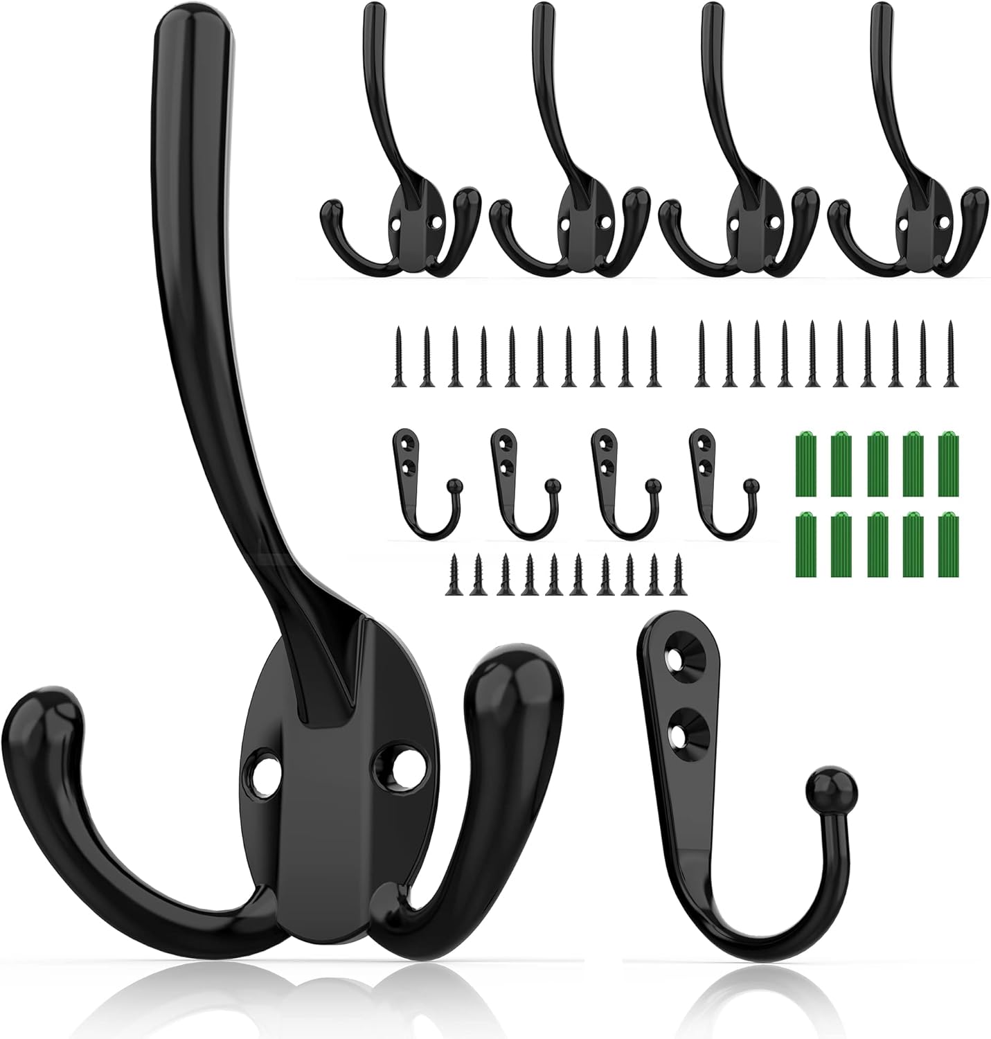 10 Pack Heavy Duty Wall Mounted Black Coat Hooks With 30 Screws - Mudroom, Backpack, Robe, Hat Hooks (Two Types of Hooks + Three Types of Screws Included)