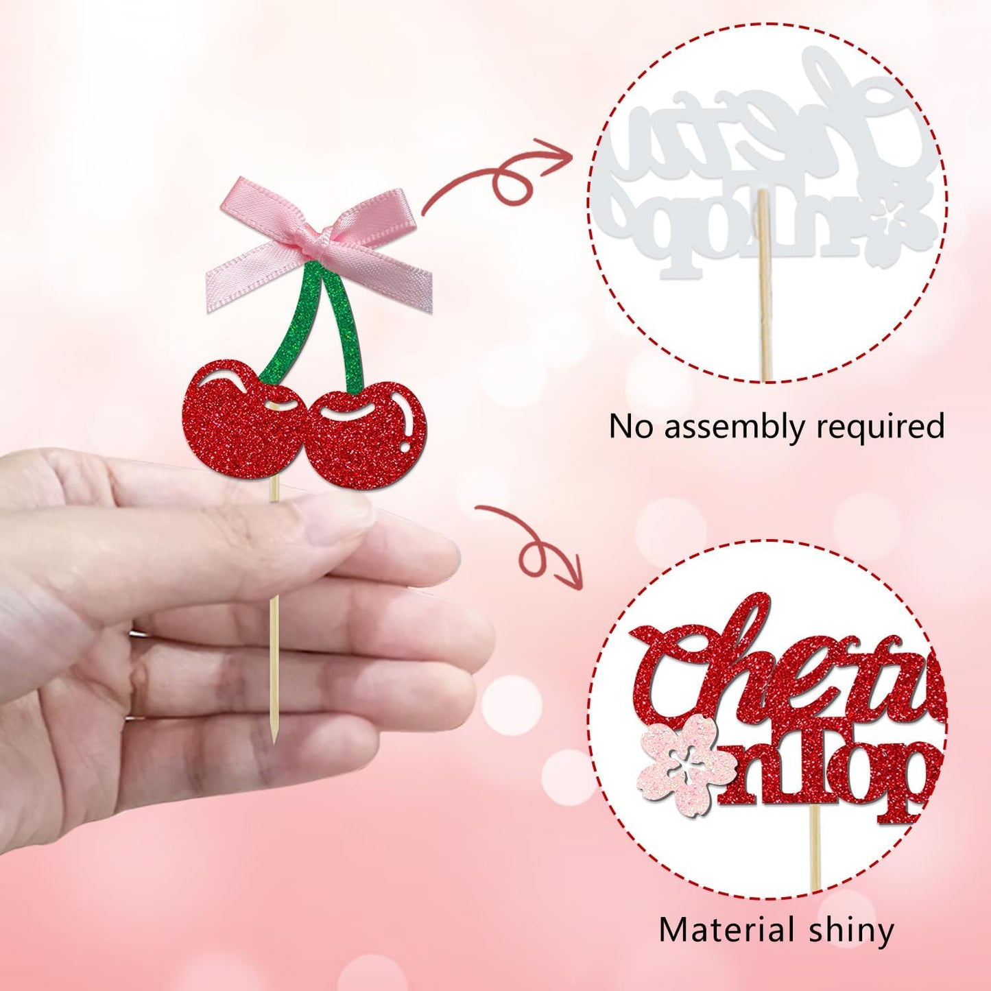 24 Pack She's the Cherry On Top Cupcake Toppers, Glitter Cherry Sweet Cake Pick for Fruits Theme Baby Shower and Bridal Shower Decorations Supplies (Ribbon Top)