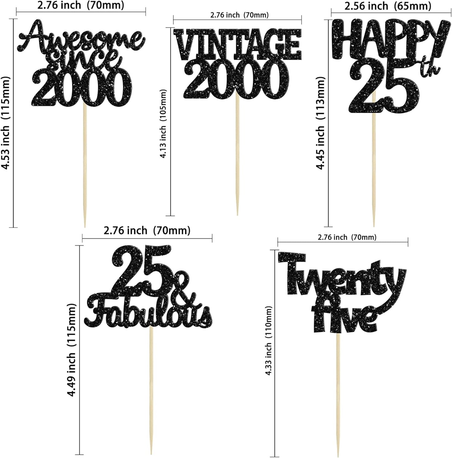 Gyufise 30Pcs Vintage 2000 Cupcake Toppers Glitter 25th Birthday Cake Decorations - Black